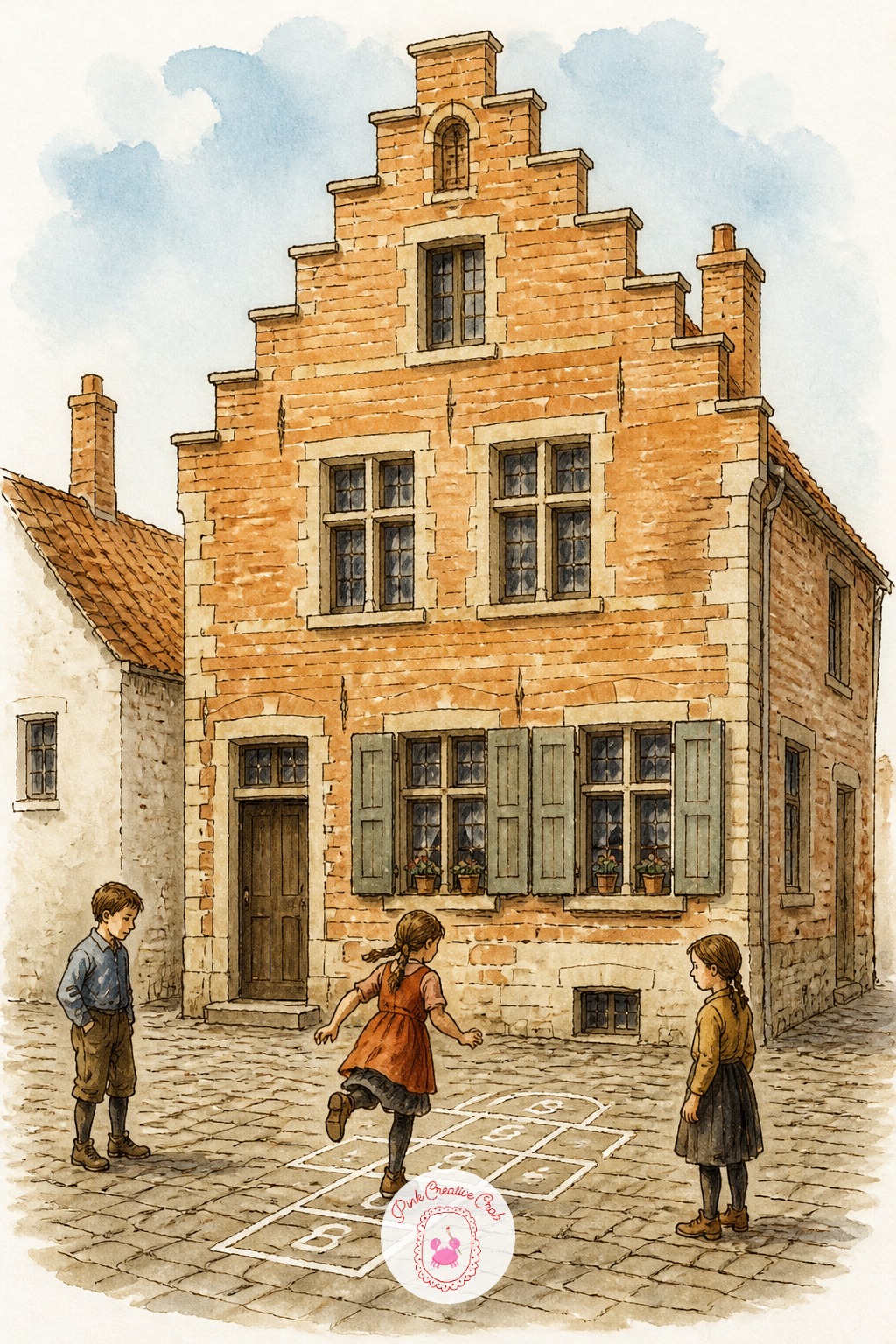 Children Playing Hopscotch by a Stepped Gable — The usual mistake with a stepped gable roofline is making every step identical, which flattens the whole shape
