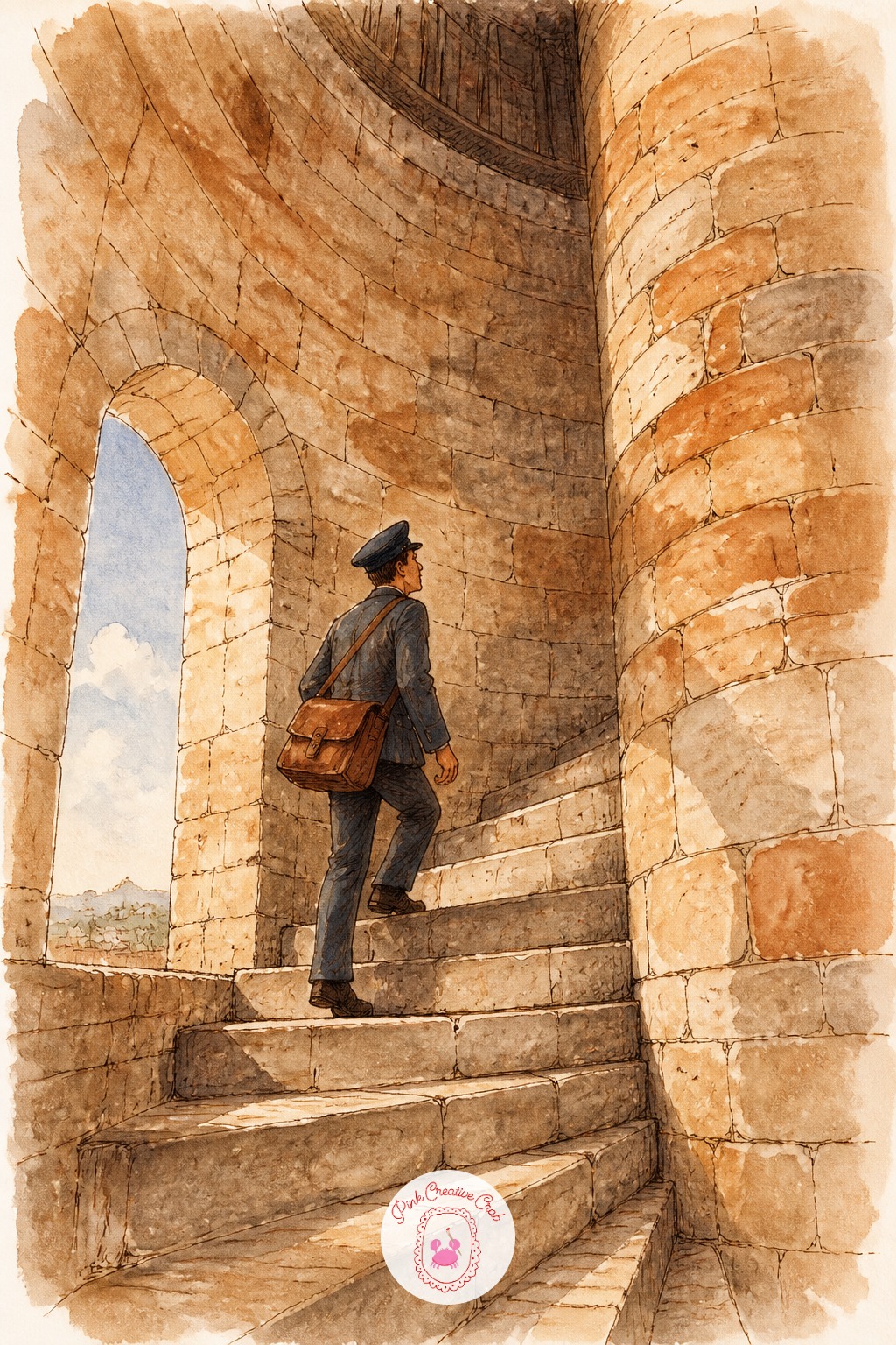 Postman on a Spiral Stone Staircase — Use your pen's pressure, not extra lines, to show the staircase spiraling away from you. Architecture sketchbook