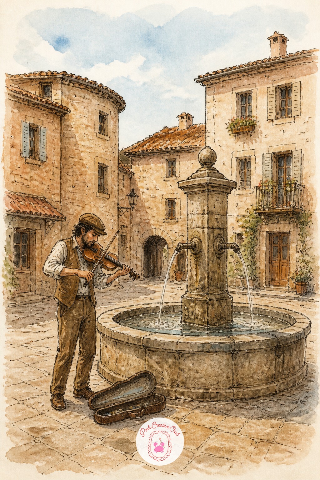 Violinist Busking at a Fountain Square — Decide your eye level before drawing the fountain basin. Architecture sketchbook