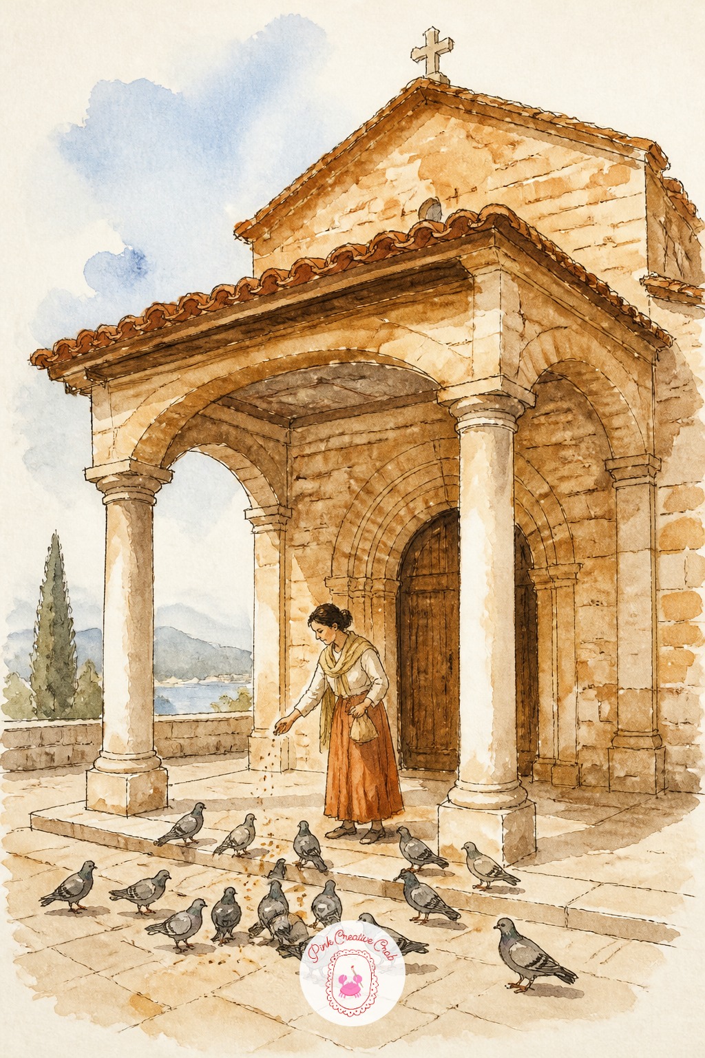 Woman Feeding Pigeons on a Chapel Porch — Scatter the pigeons in uneven clusters rather than spacing them evenly across the porch steps. Architecture sketchbook