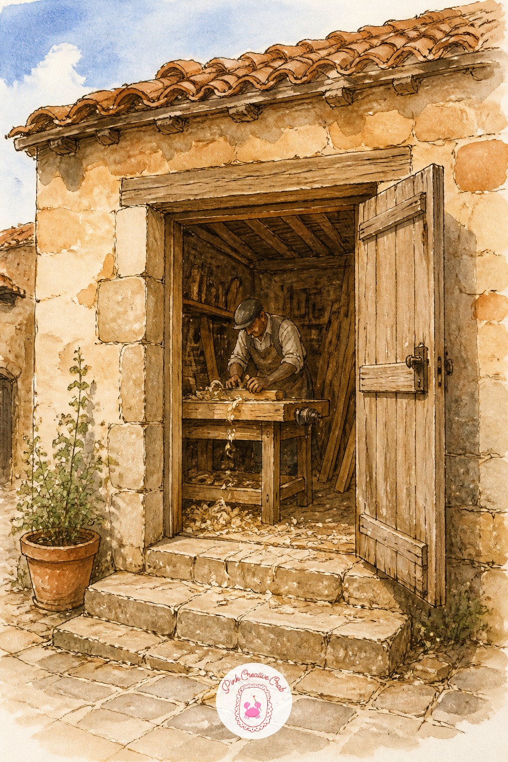 Carpenter's Workshop with Shavings on the Step — Twenty words of the quick version: block in the workshop's open doorway, the carpenter bent over his bench