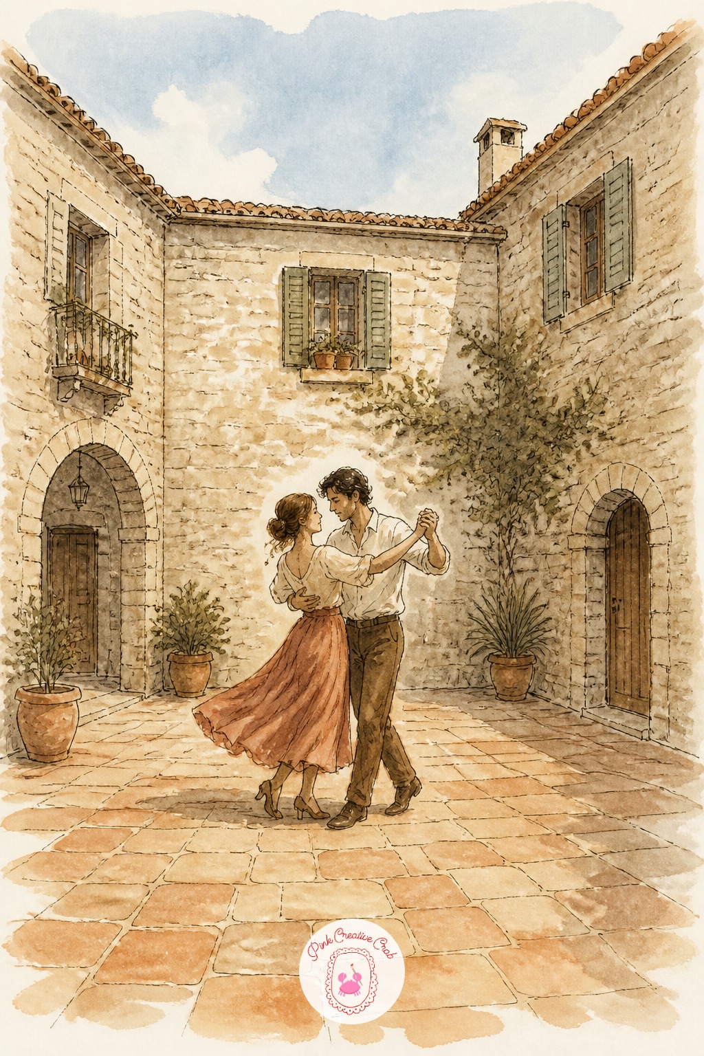 Couple Dancing in a Courtyard — Count the courtyard's surrounding windows before placing the dancing couple, since too many evenly spaced windows will pull the