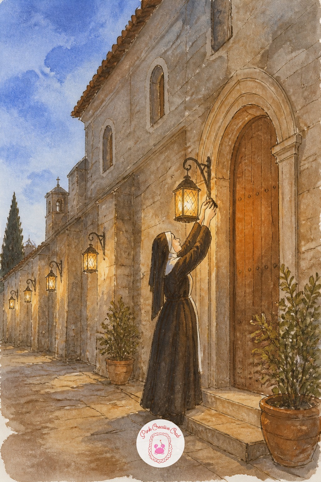 Nun Hanging Lanterns Before Evening — Light source again, but reversed from daylight scenes: here the lanterns themselves are the light, so every shadow should