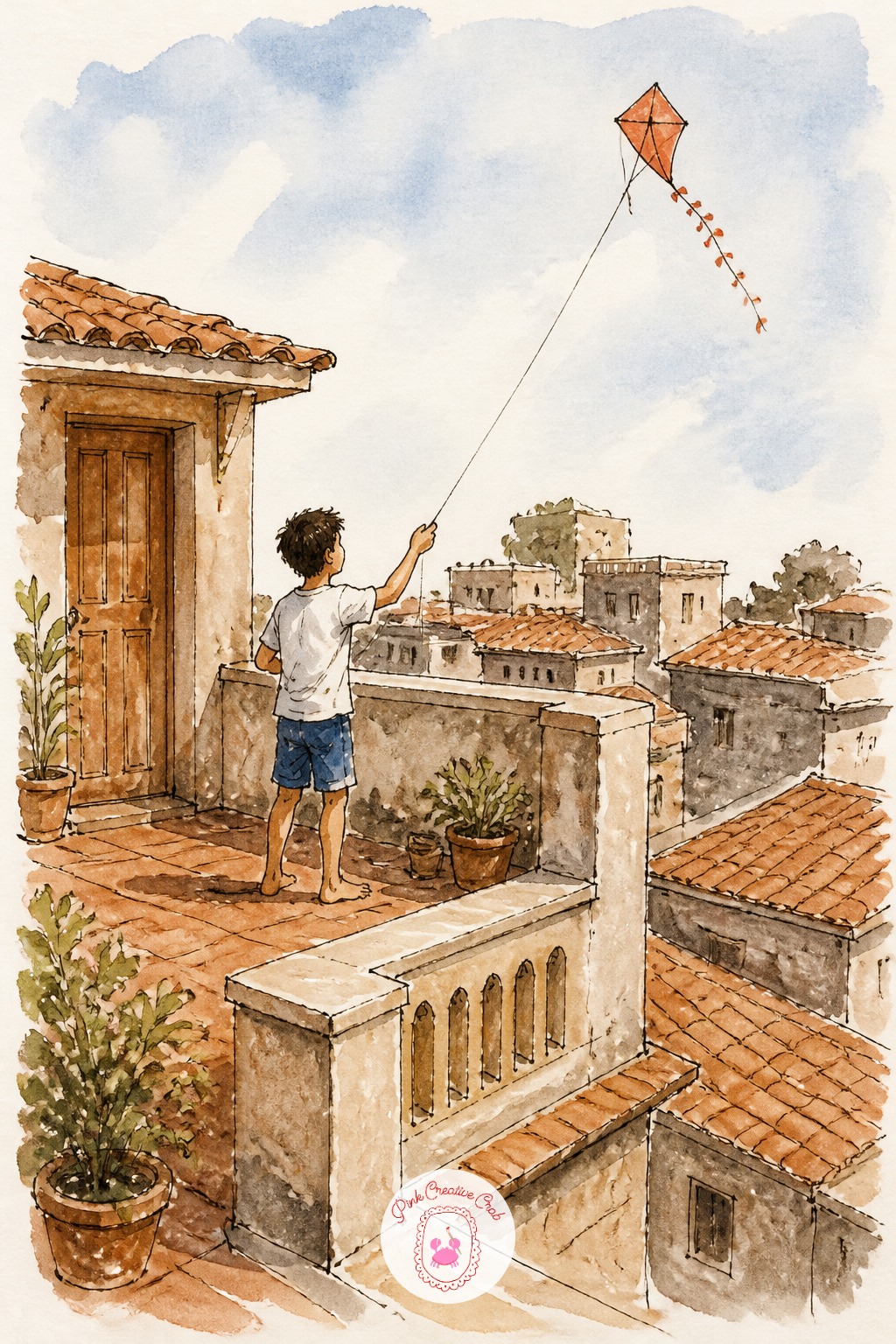 Boy Flying a Kite from a Rooftop Terrace — Perspective matters most here: standing on a rooftop terrace, you look down and across at neighboring roofs, which