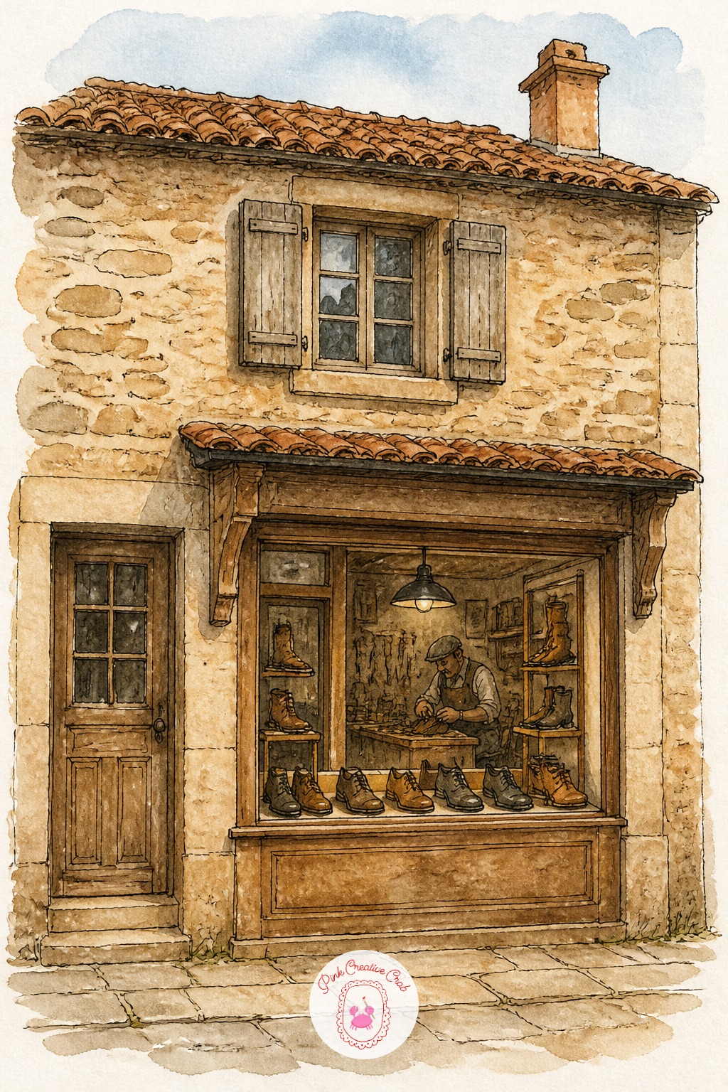 Shoemaker's Window Display — Heads and widths both matter in a shop window scene. Architecture sketchbook