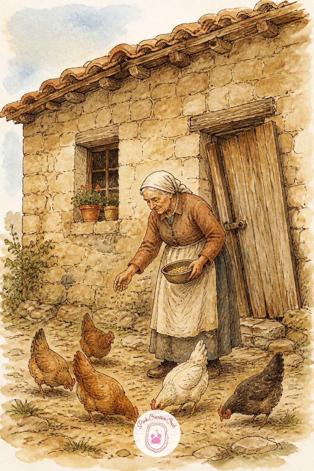 Old Woman Feeding Chickens by a Farmhouse Wall — This one pairs well with any quiet countryside walk, similar in spirit to the garden corners found in nature