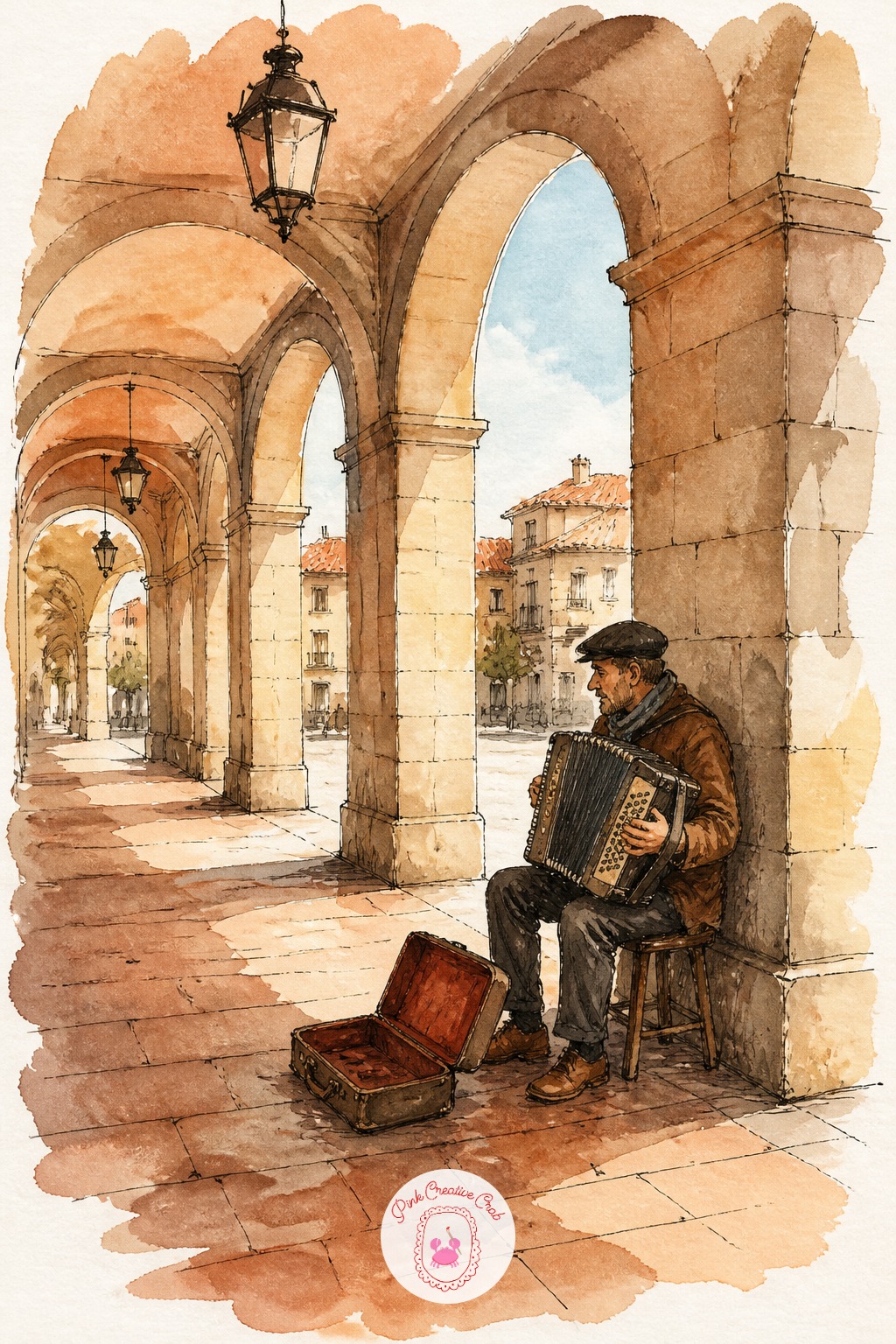 Street Musician Under a Covered Walkway — Arcaded walkways give you a strong repeating rhythm of columns, and the usual mistake is spacing them so evenly they