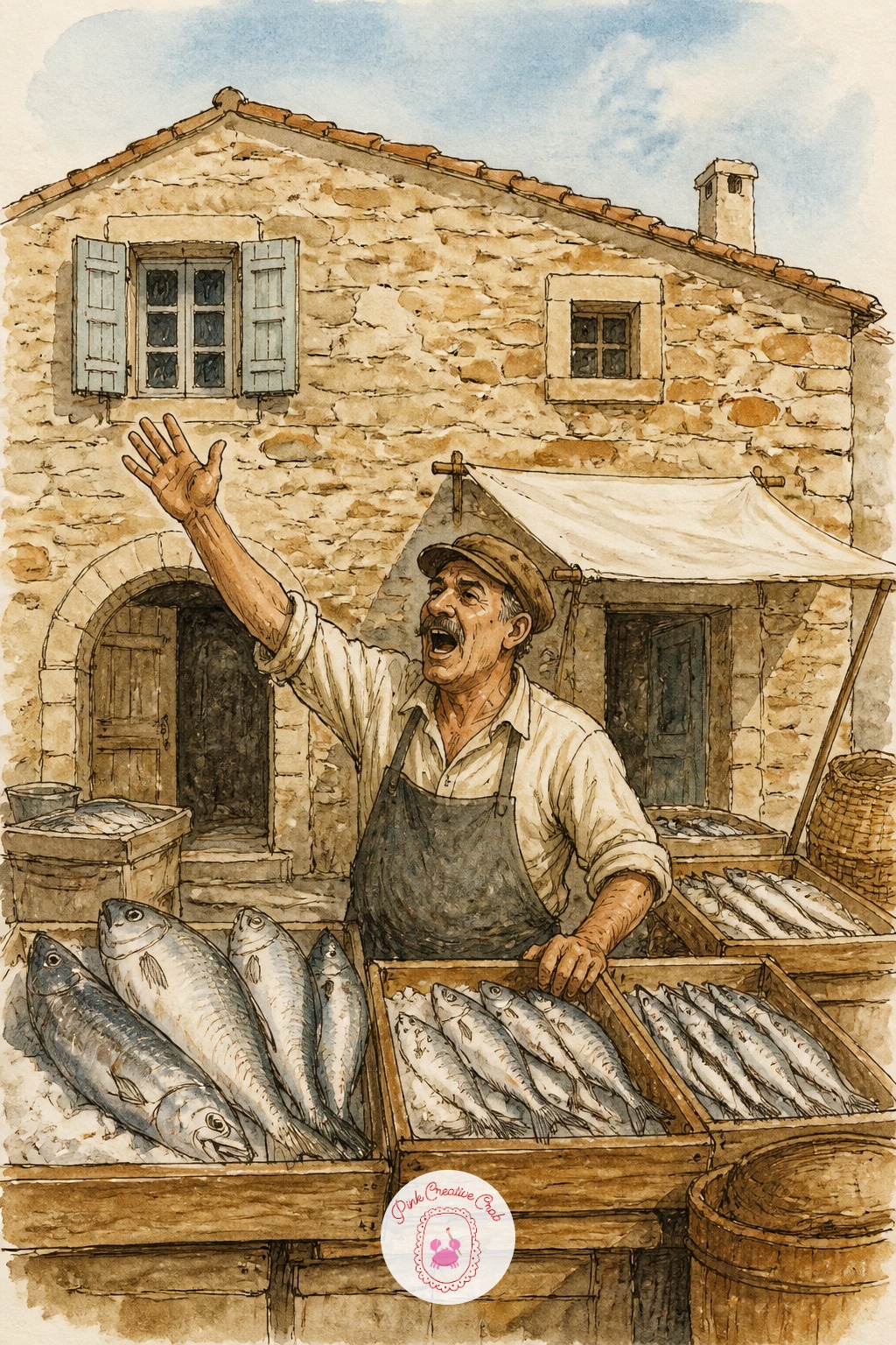 Fishmonger Shouting the Morning Catch — Line and wash rewards confident, fast ink marks on a busy subject like a market stall, so sketch the fishmonger's stall
