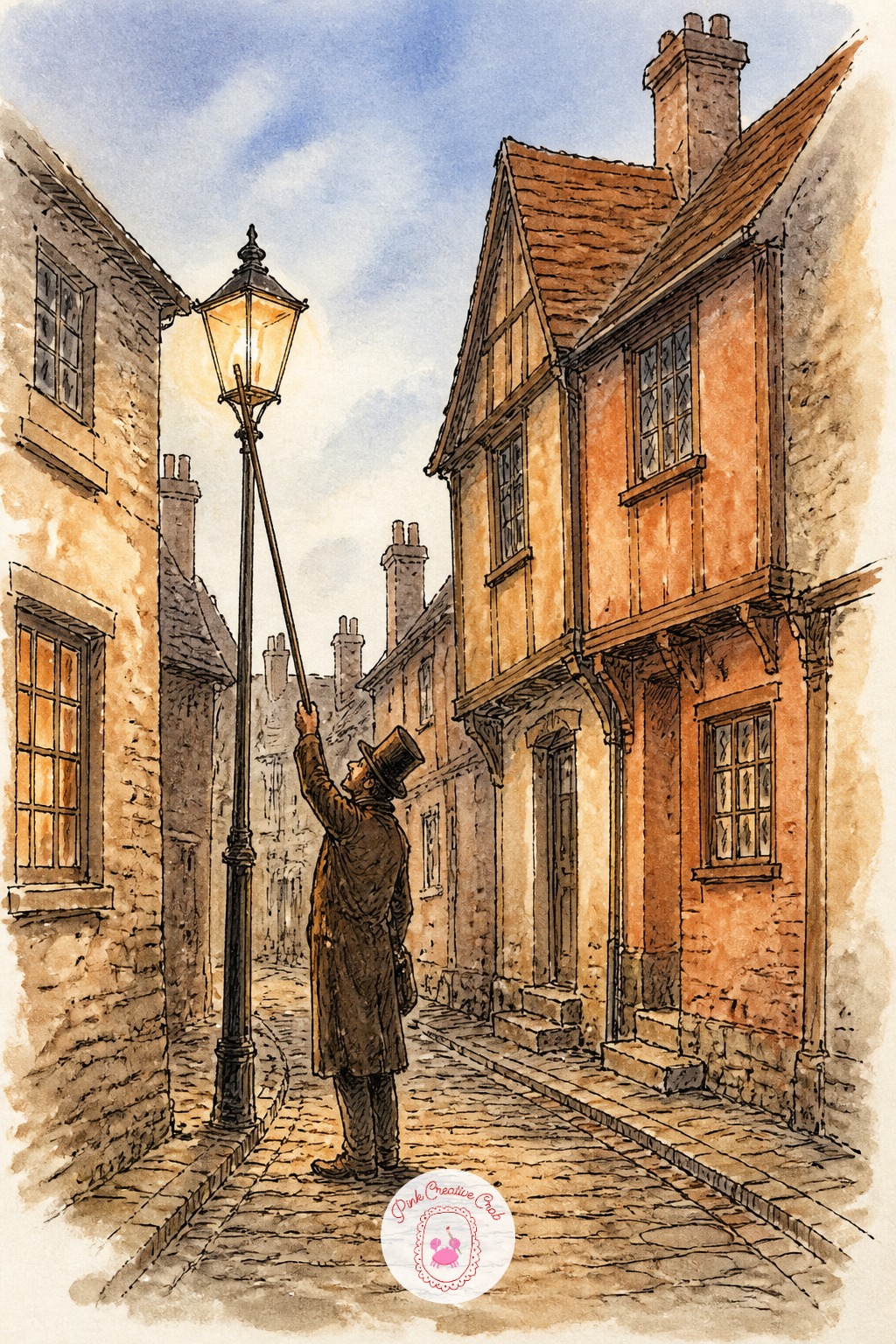 Lamplighter at Dusk on a Narrow Lane — Every light source needs a consistent falloff, and a lamplighter scene is the clearest place to practice it.