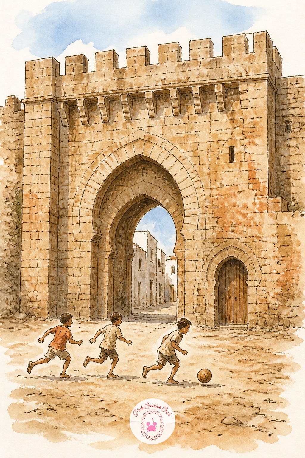 Children Chasing a Ball Past a City Gate — City gates often carry a thick stone arch with a smaller pedestrian door cut into one side, so draw both openings