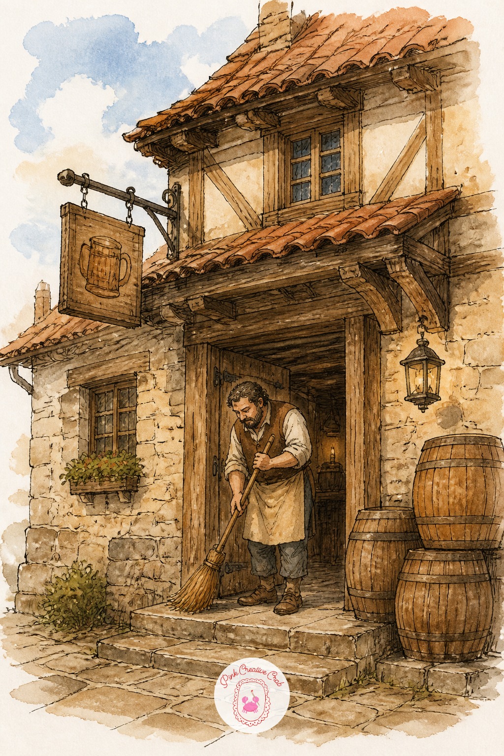 Innkeeper Sweeping a Tavern Doorway — Ten minutes gives you the tavern's hanging sign, its deep doorway, and the innkeeper with a broom, all in flat washes of