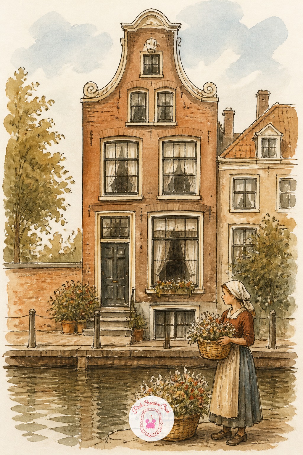 Girl Selling Flowers Beside a Canal House — Canal houses lean on narrow, tall proportions, usually three or four times taller than they are wide, so check that