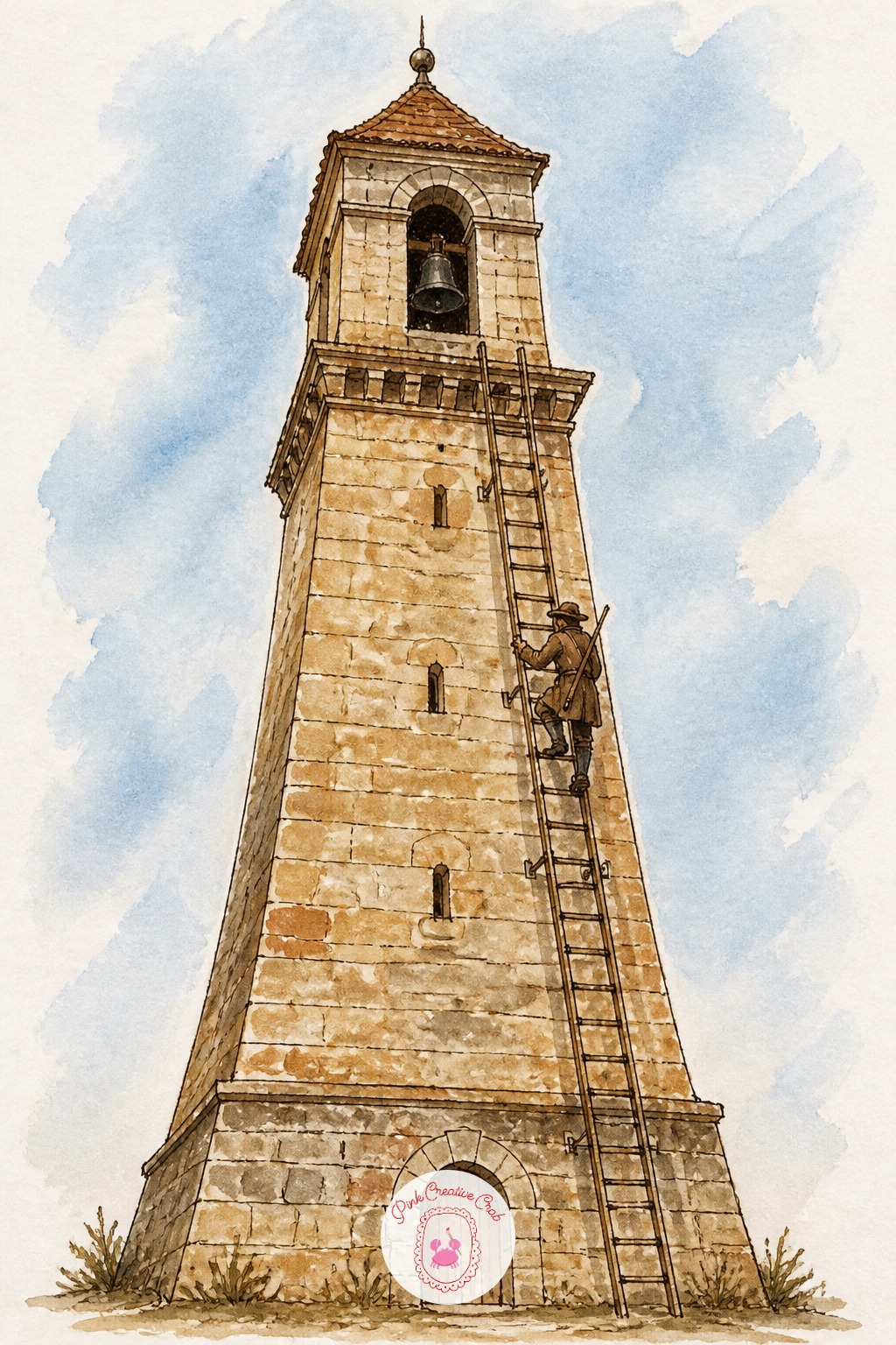 Watchman Climbing a Bell Tower Ladder — Bell towers reward a foreshortened approach: looking up from below, the tower narrows faster than it would drawn