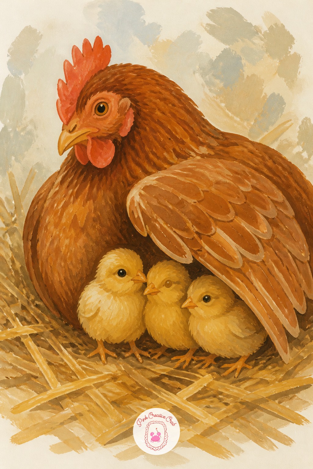 Hen Sheltering Chicks Under Her Wing — Measure before you paint: the hen's body should take up about two thirds of the page width, with her raised wing