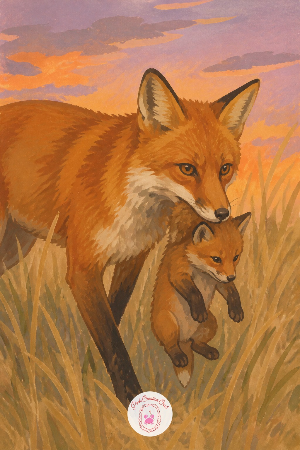 Fox Carrying a Kit Through Tall Grass — Give the fox a low, forward lean with her head tipped slightly down, since she is carrying the kit by the scruff.