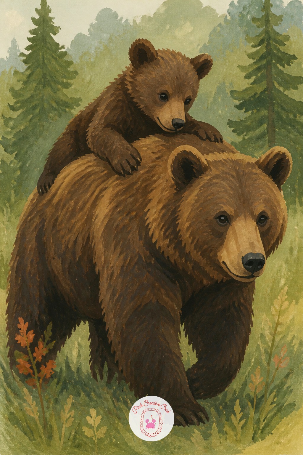Bear Cub Climbing Onto Its Mother's Back — Build the mother bear as one large rounded mass first, her back forming a clear curved line the cub can climb onto.