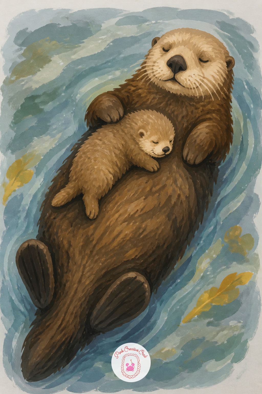 Otter Pup Floating on Her Belly — Think eye level here: you are looking almost straight down at the water's surface, so both otter bodies read as flattened