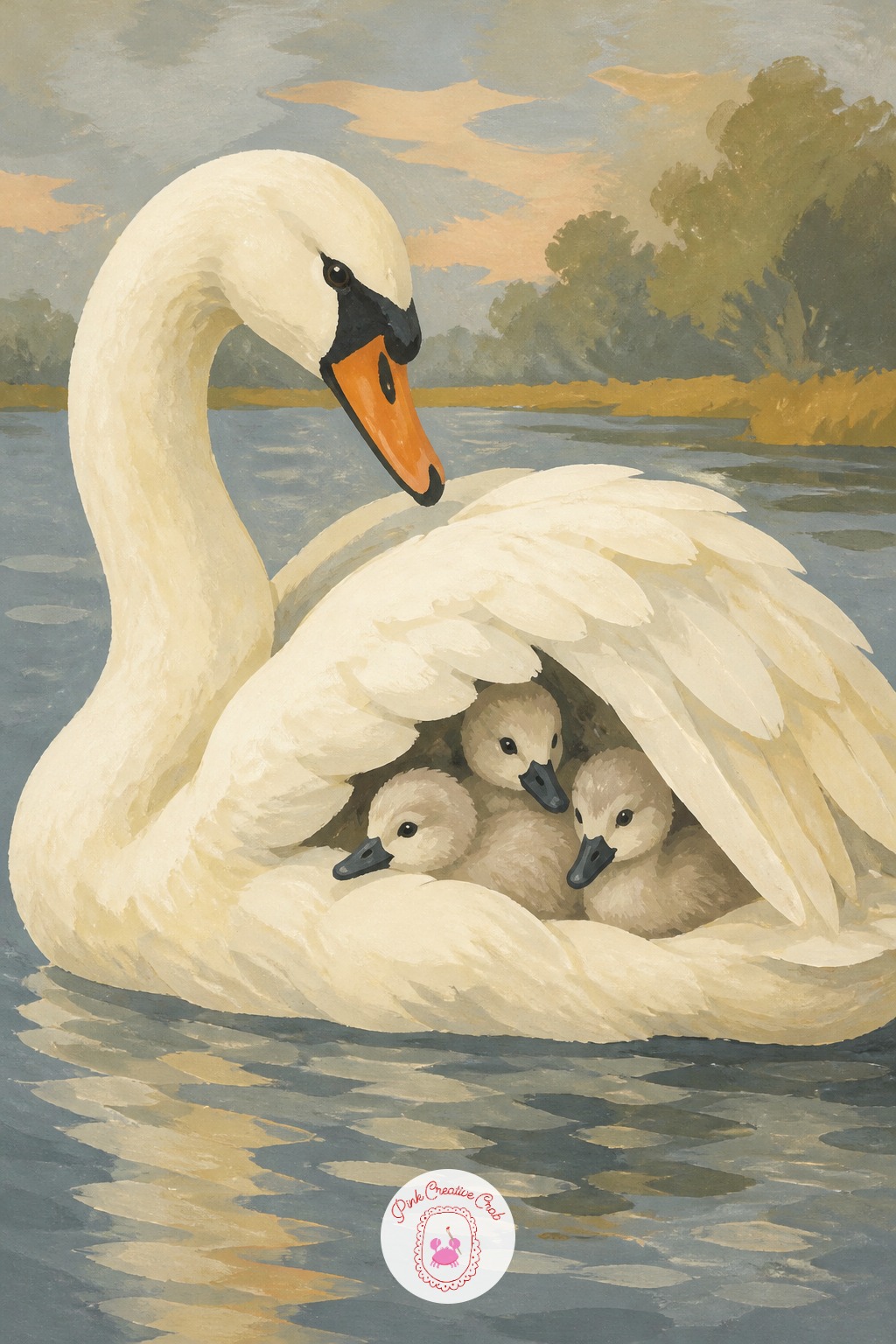 Swan With Cygnets Riding Under Her Wing — Keep this one mostly white, so the real work is in the water reflection beneath the swan, not the bird herself.