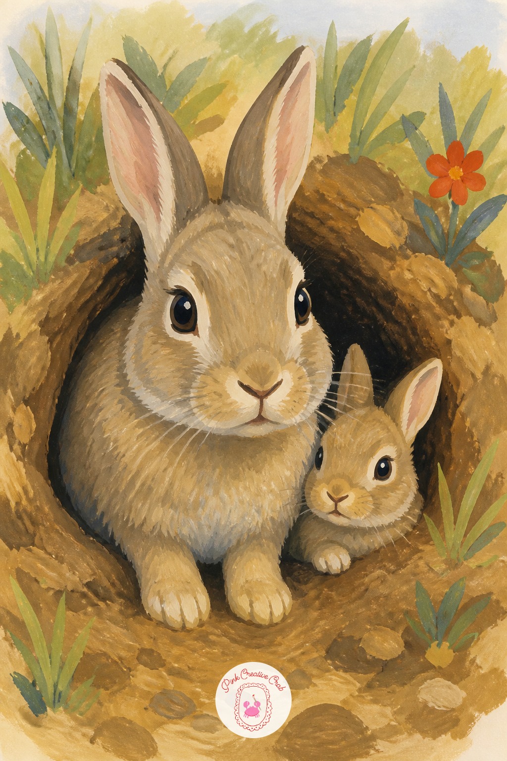 Rabbit Kit Nestled in a Burrow Entrance — Ten minutes gets you the basic scene: the mother rabbit's rounded body at the burrow mouth, one kit peeking out