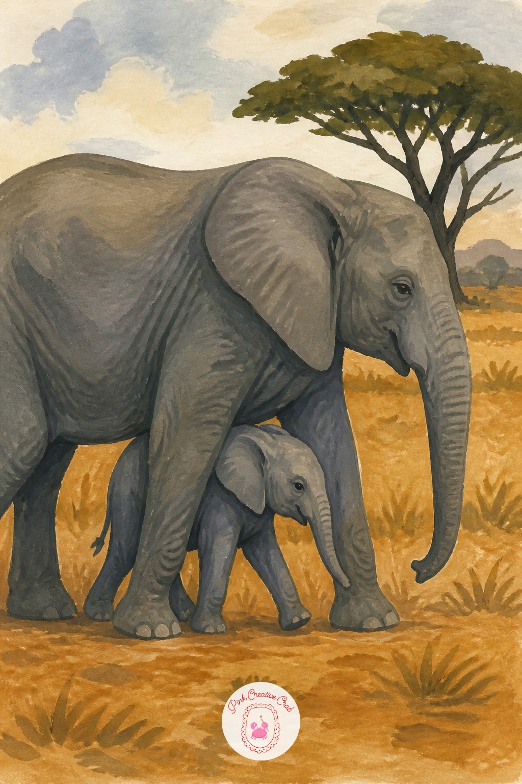 Elephant Calf Walking Beneath Its Mother — Compare heights before you commit to paint: the calf's shoulder should reach roughly the mother's knee, no higher.