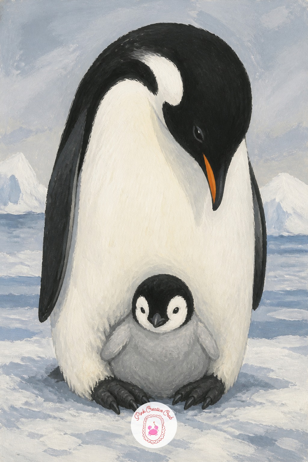 Penguin Chick Tucked on Parent's Feet — Place the eye level low, almost at ice level, so the penguin's body reads as a tall rounded triangle rather than a flat