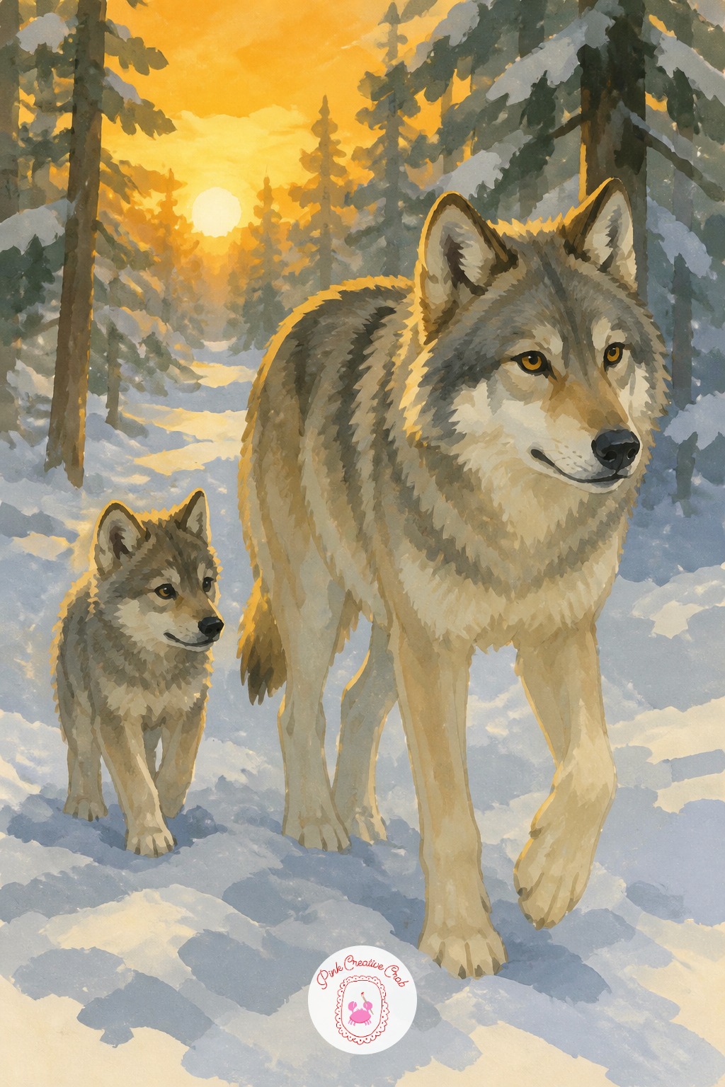 Wolf Pup Following Through the Snow — The usual mistake with snow scenes is painting the ground pure white, which flattens everything. Animal sketchbook