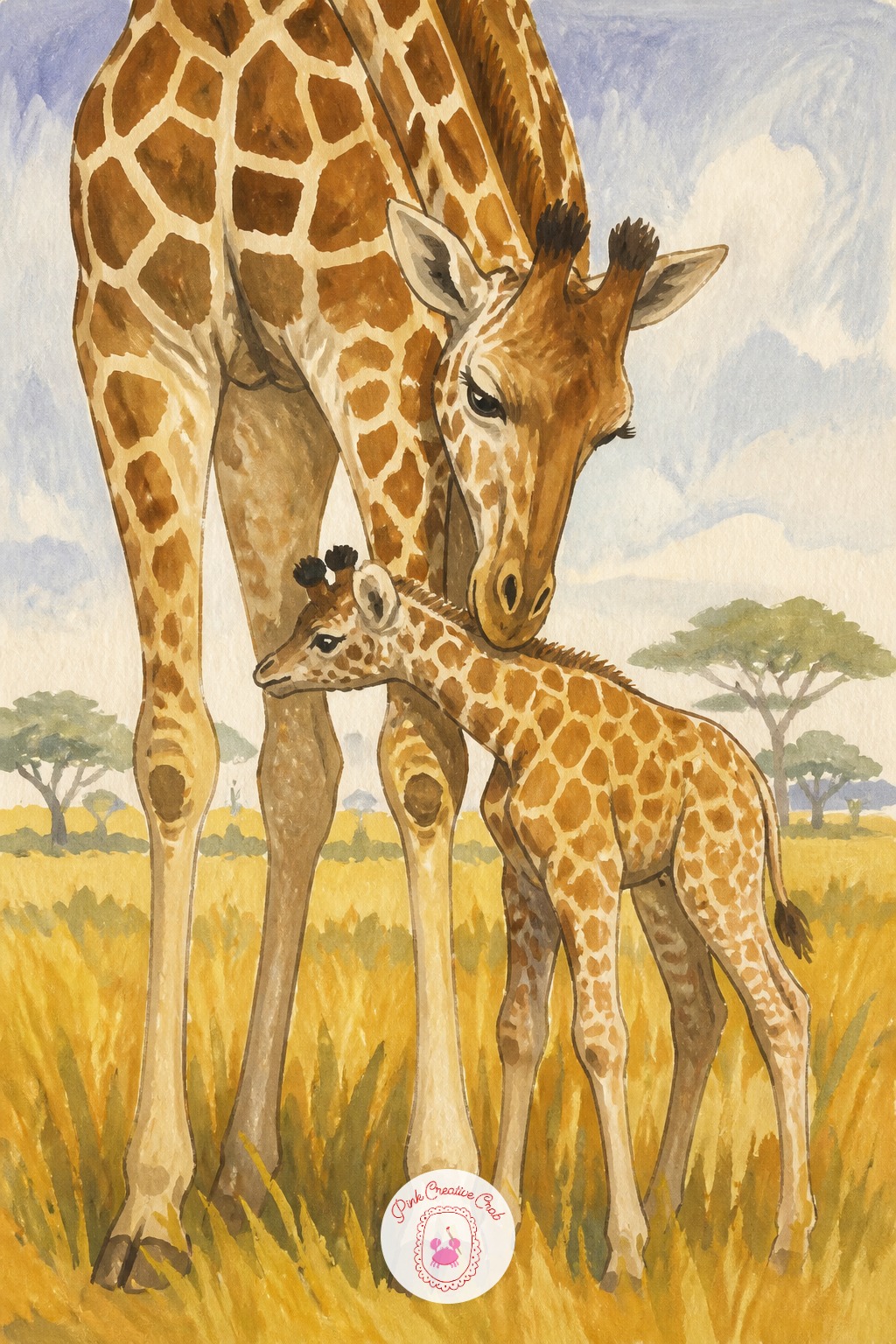 Giraffe Calf Nuzzling Its Mother's Leg — Giraffes run tall, so turn the paper so the composition reads as roughly five head-heights from hoof to crown for the