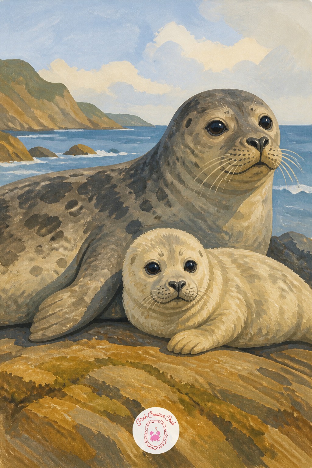 Harbor Seal Pup Resting on a Rock — Both seal bodies are essentially long soft sausages with no visible legs, so resist the urge to add any limb detail at all.