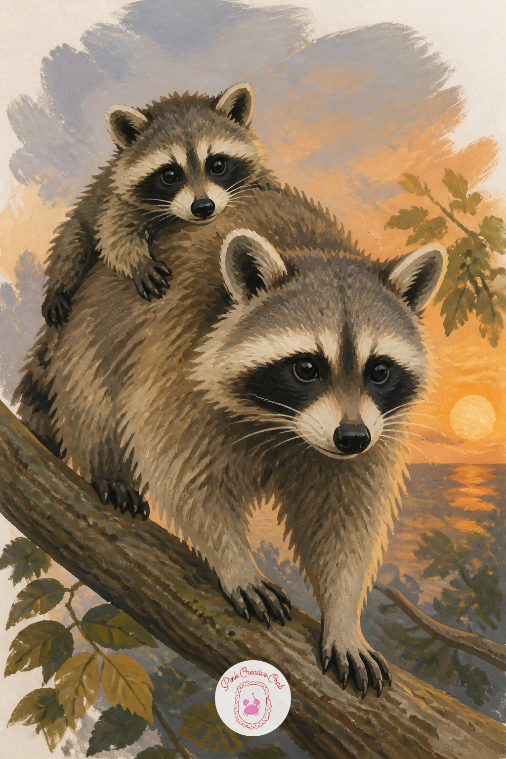 Raccoon Kit Riding on Mother's Back — Keep the first three marks simple: the mother's arched back as one curved line, the kit's rounded body sitting astride