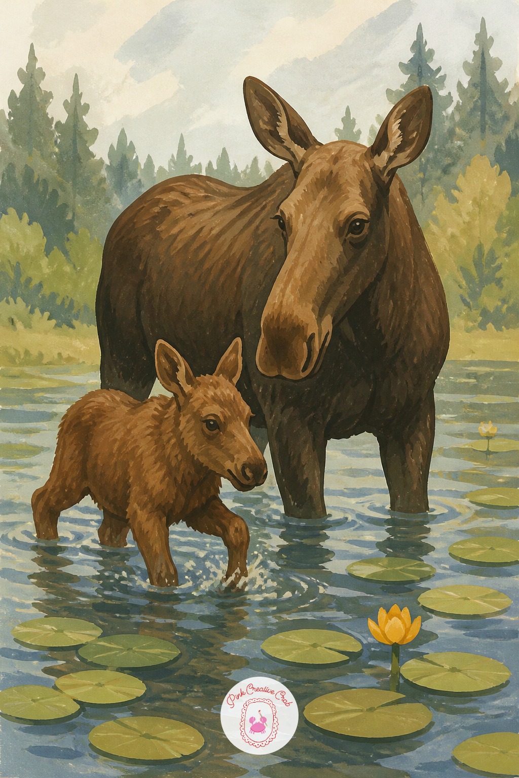 Moose Calf Wading Beside Its Mother — Place the eye line at the surface of the pond water, which means both moose legs below that line get painted as soft