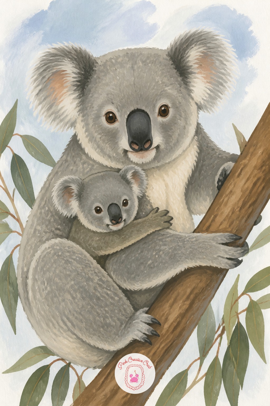 Koala Joey Clinging to Mother's Chest — Ten minutes gives you the essential pose: the mother koala's rounded grey body on a eucalyptus branch, joey clinging