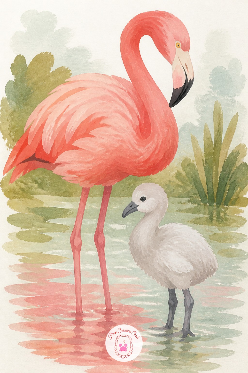 Flamingo Chick Standing by a Parent — Compare leg lengths before painting the pink: the chick's legs should be noticeably shorter in proportion to its body