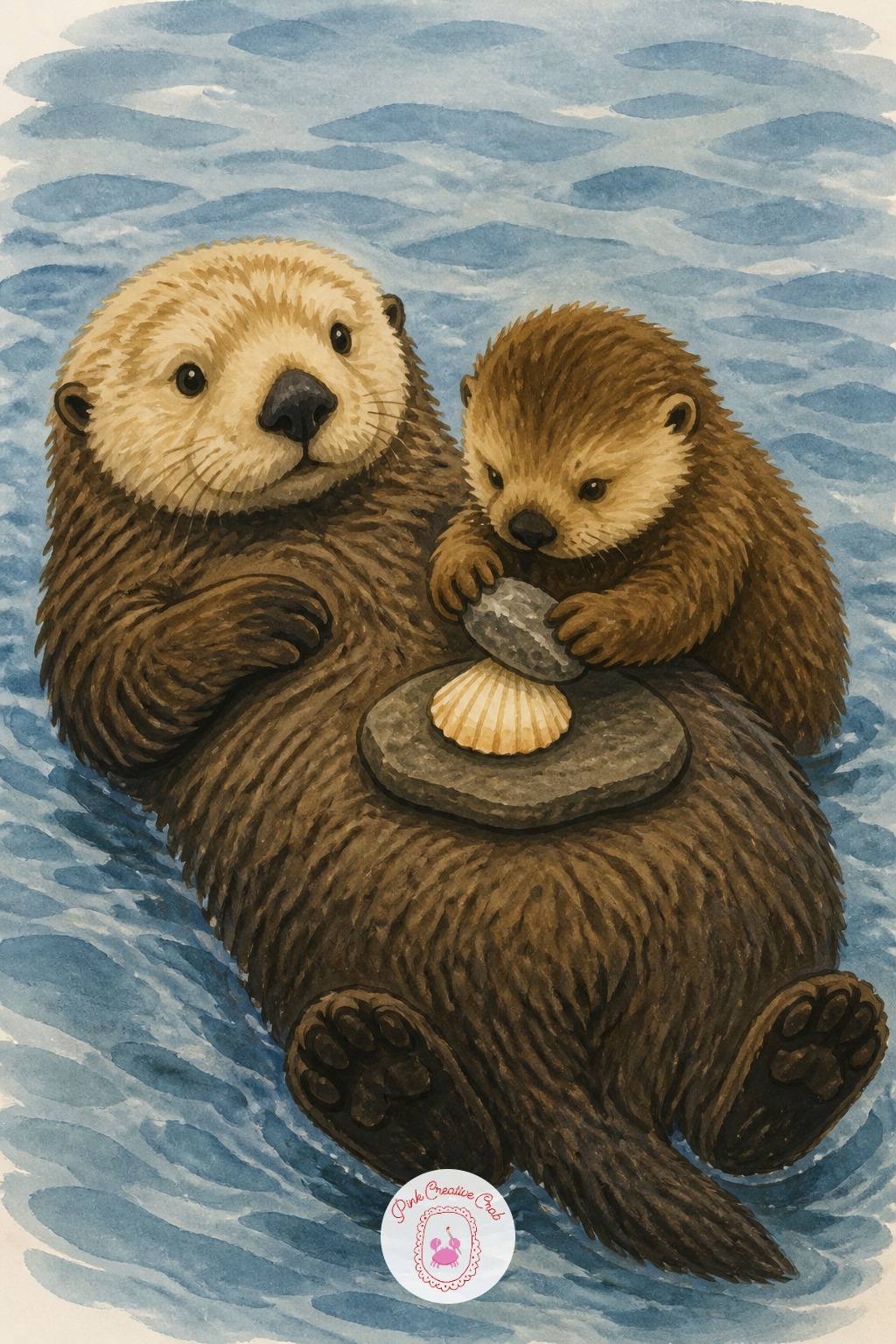 Sea Otter Pup Cracking a Shell on Mother's Belly — Place both otters floating on their backs again, but this time give the mother a small flat rock balanced on