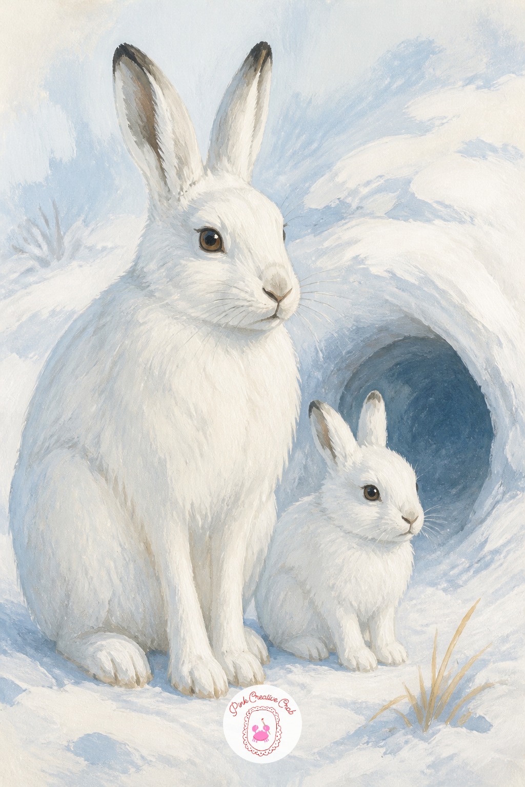 Arctic Hare Leveret Beside a Snow Burrow — Keep this one mostly limited to two values of white and pale blue-grey, since the arctic hare's winter coat gives