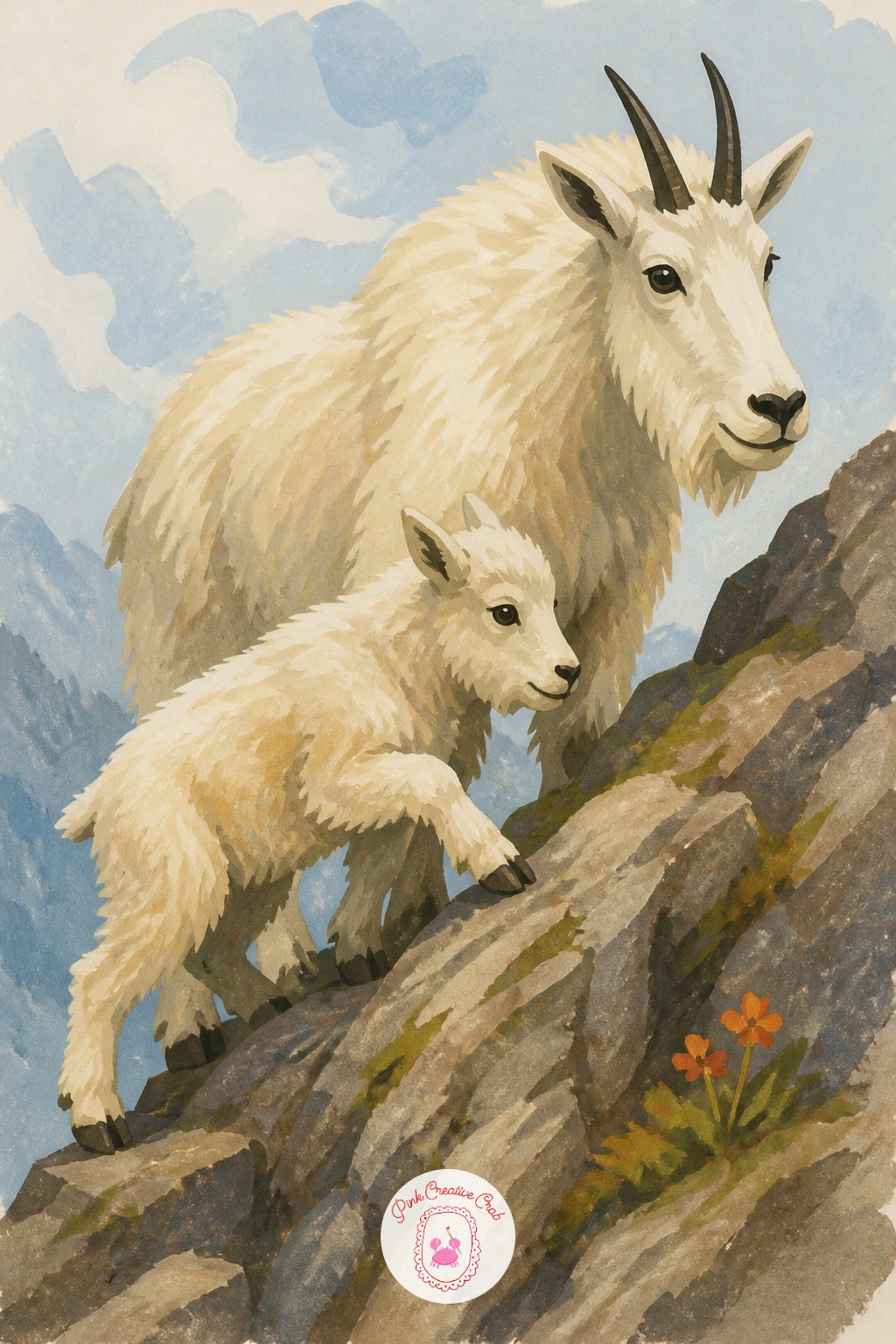 Mountain Goat Kid on a Rocky Ledge — Eye level sits low and looking slightly upward here, since mountain goats are usually seen from below on a steep slope.