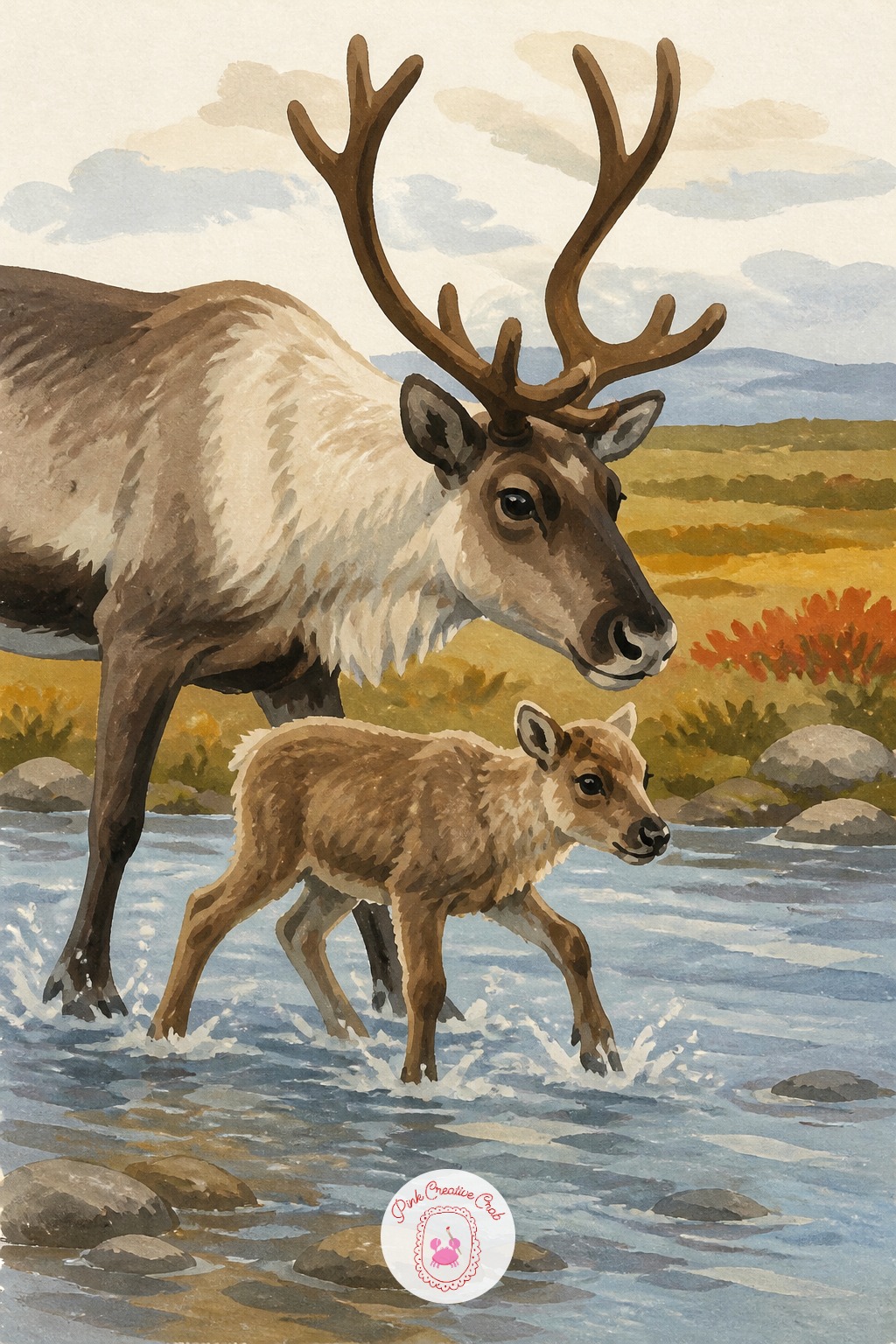Caribou Calf Crossing a Shallow River — Once this basic wading pose works, vary it next time by changing only the water level, perhaps up to the knees instead