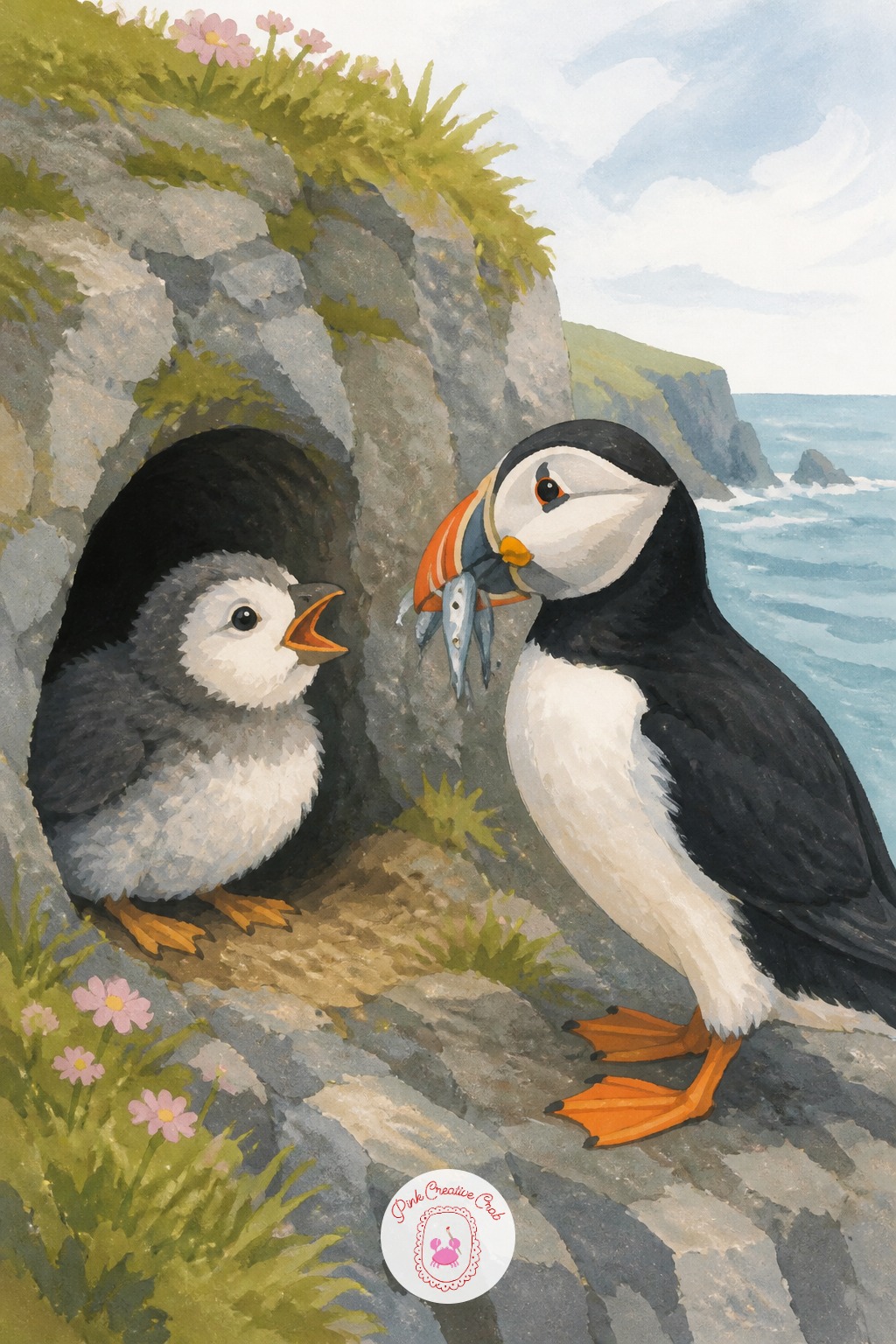 Puffin Chick Waiting at a Cliff Burrow — The usual mistake with puffins is painting the beak too small and flat, when its bold orange and grey bands are really