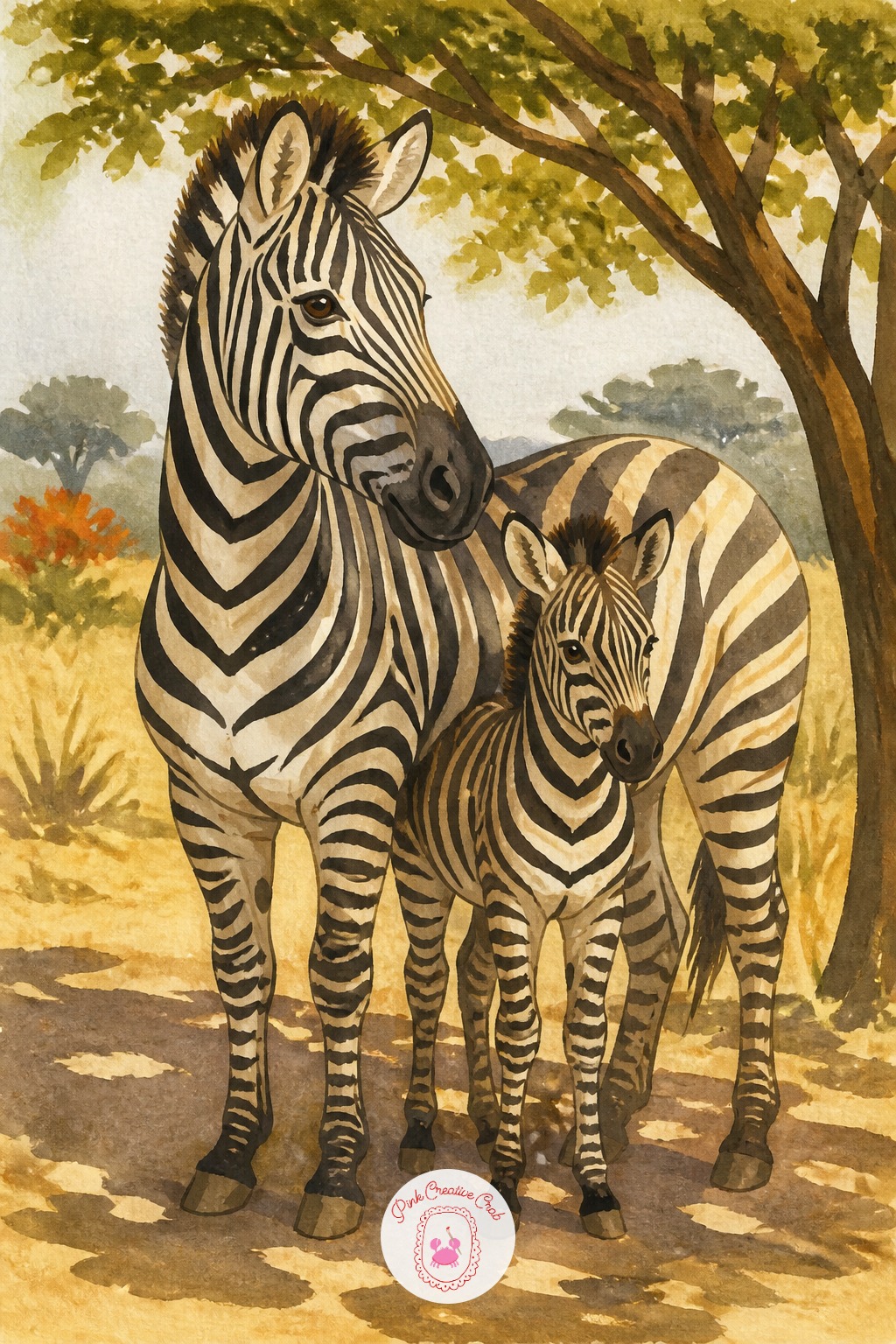 Zebra Foal Standing in Striped Shade — Light and shadow do double duty here, since the striped shade cast by nearby acacia trees should echo the zebra's own