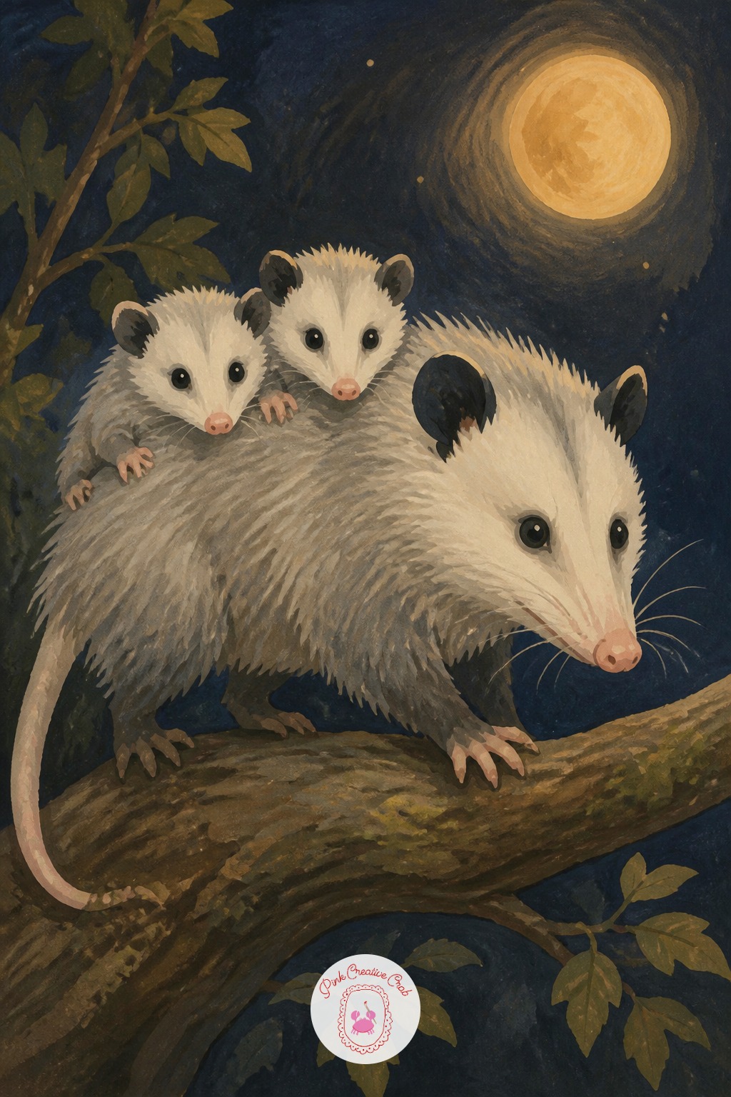 Opossum Babies Riding on Mother's Back — This is the most crowded idea so far, so plan the composition before any paint touches the page: sketch the mother's