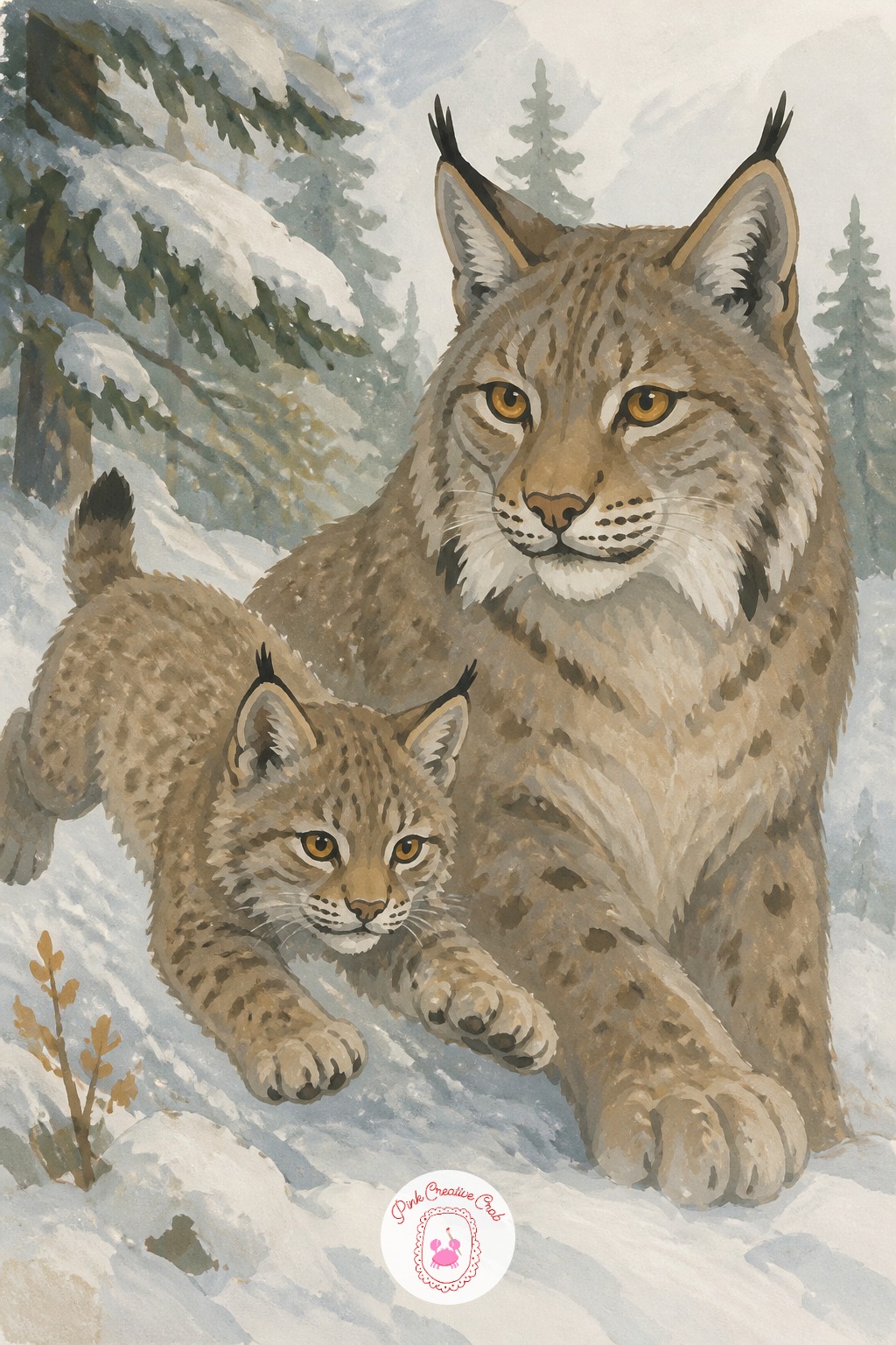 Lynx Kitten Pouncing Near Its Mother — Give the kitten a dynamic mid-air pouncing pose, front paws forward and back legs still pushing off the ground, while