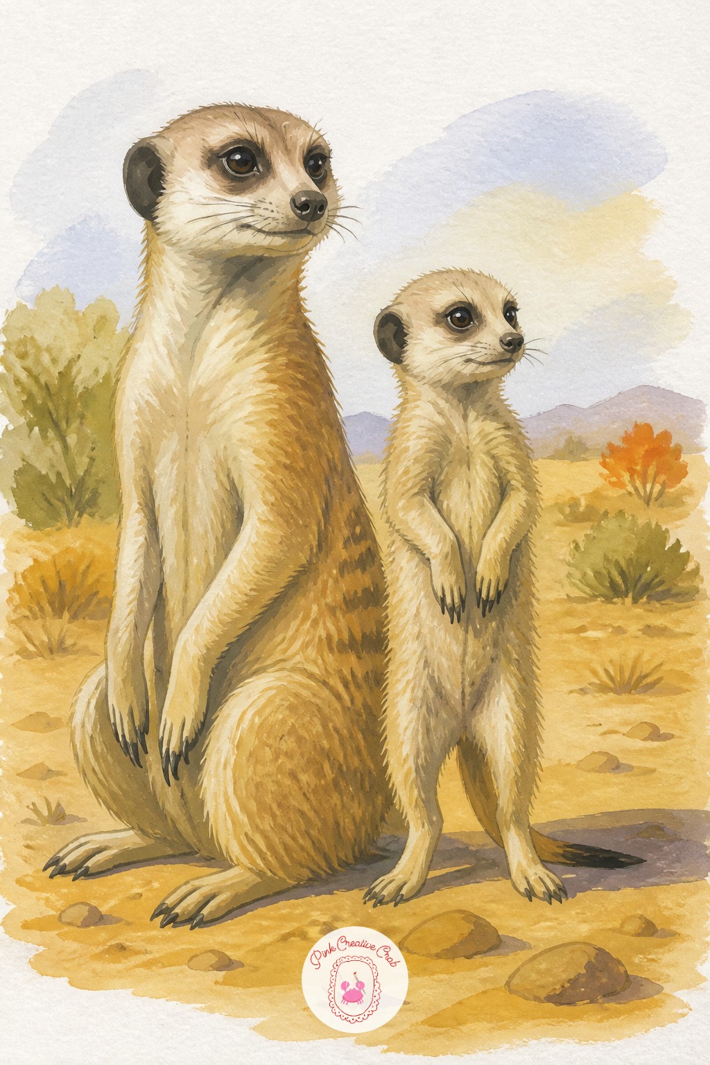 Meerkat Pup Standing Watch With Its Mother — Build this scene around one strong vertical line, since both meerkats stand upright on their hind legs, scanning