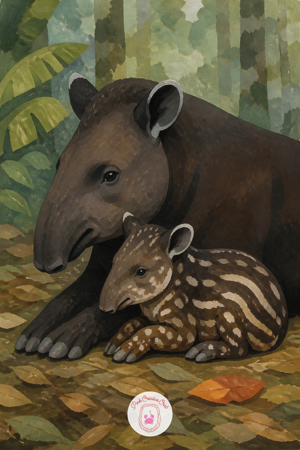 Tapir Calf Resting Beside Its Mother — Once the basic resting pose works well, try varying it next time by changing the habitat entirely, perhaps a muddy