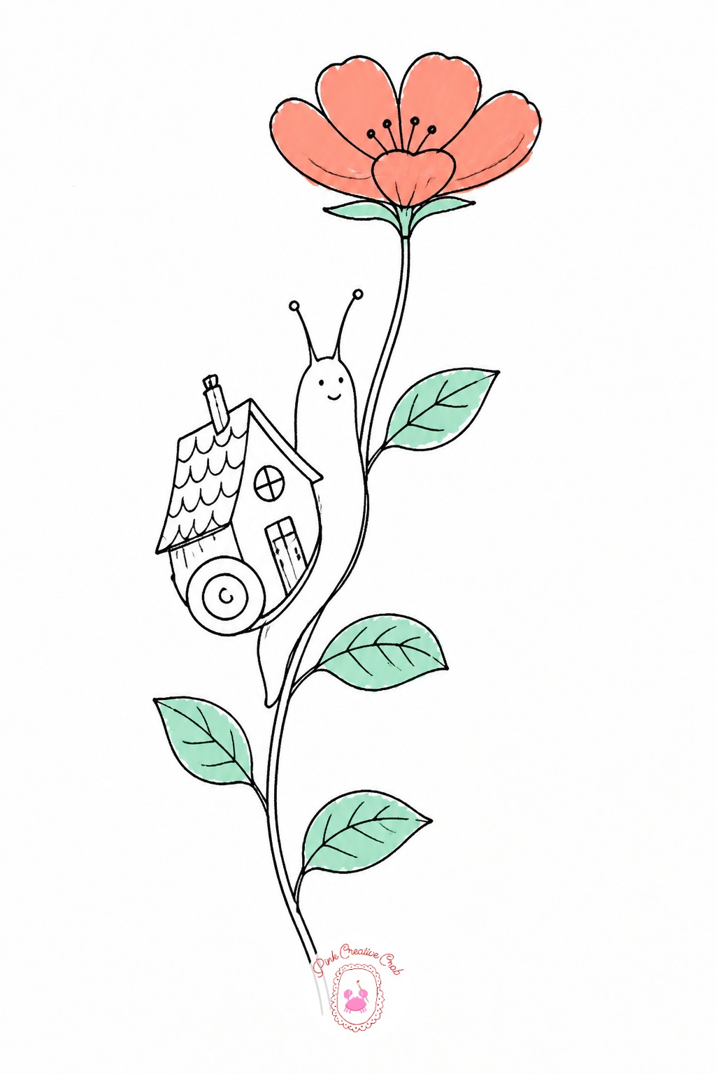 Snail Carrying a Tiny House — Put down the flower stem first, one long curved line from bottom to top of the page, since everything else in this doodle has to