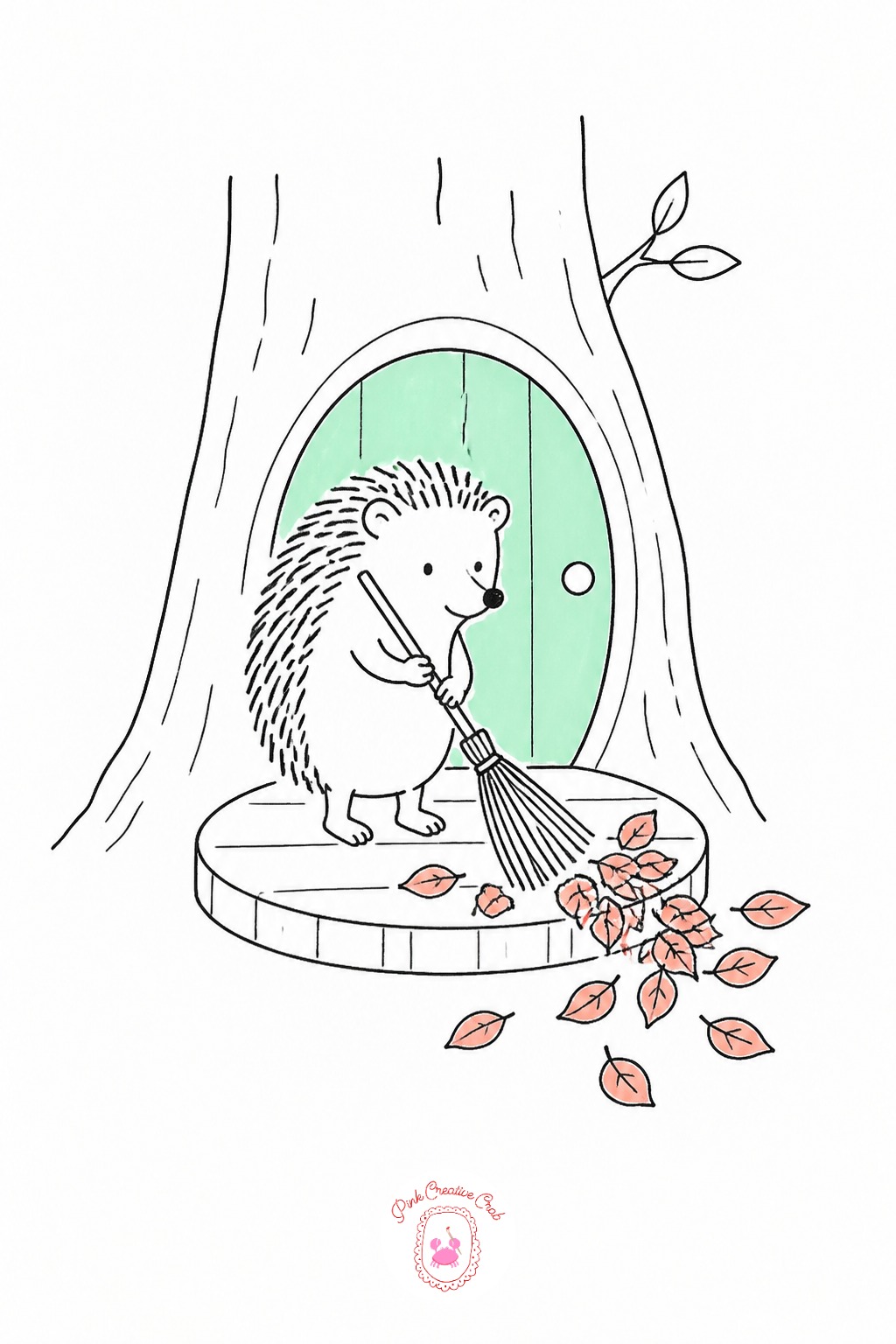 Hedgehog Sweeping Leaves — Give the hedgehog ten minutes and it still works: round body, triangle nose, a few short spikes along the back, and a tiny broom