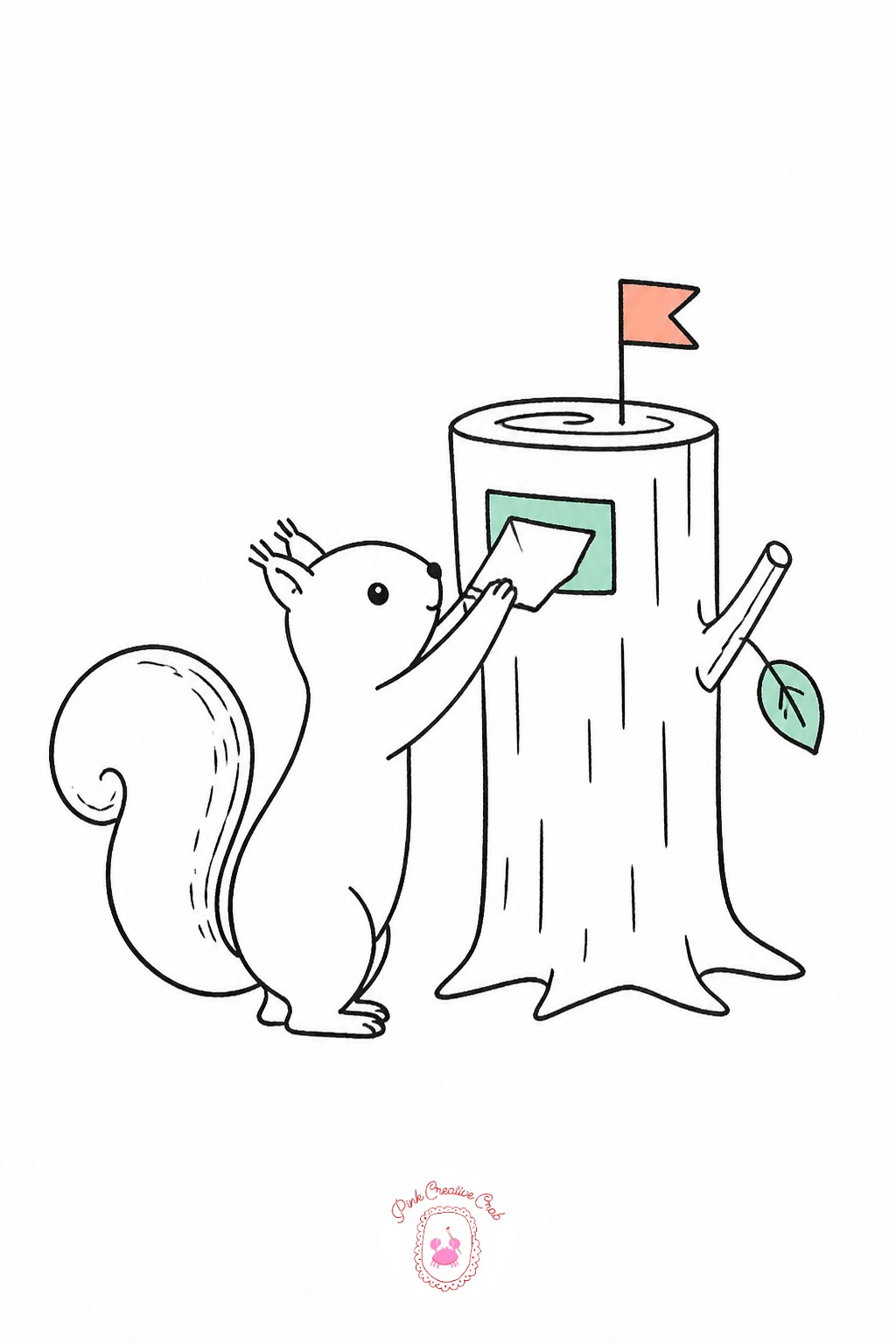 Squirrel Mailing a Letter — Draw the tree stump mailbox first, a short stump with a tiny flag and a slot cut into the side, since the squirrel's pose depends