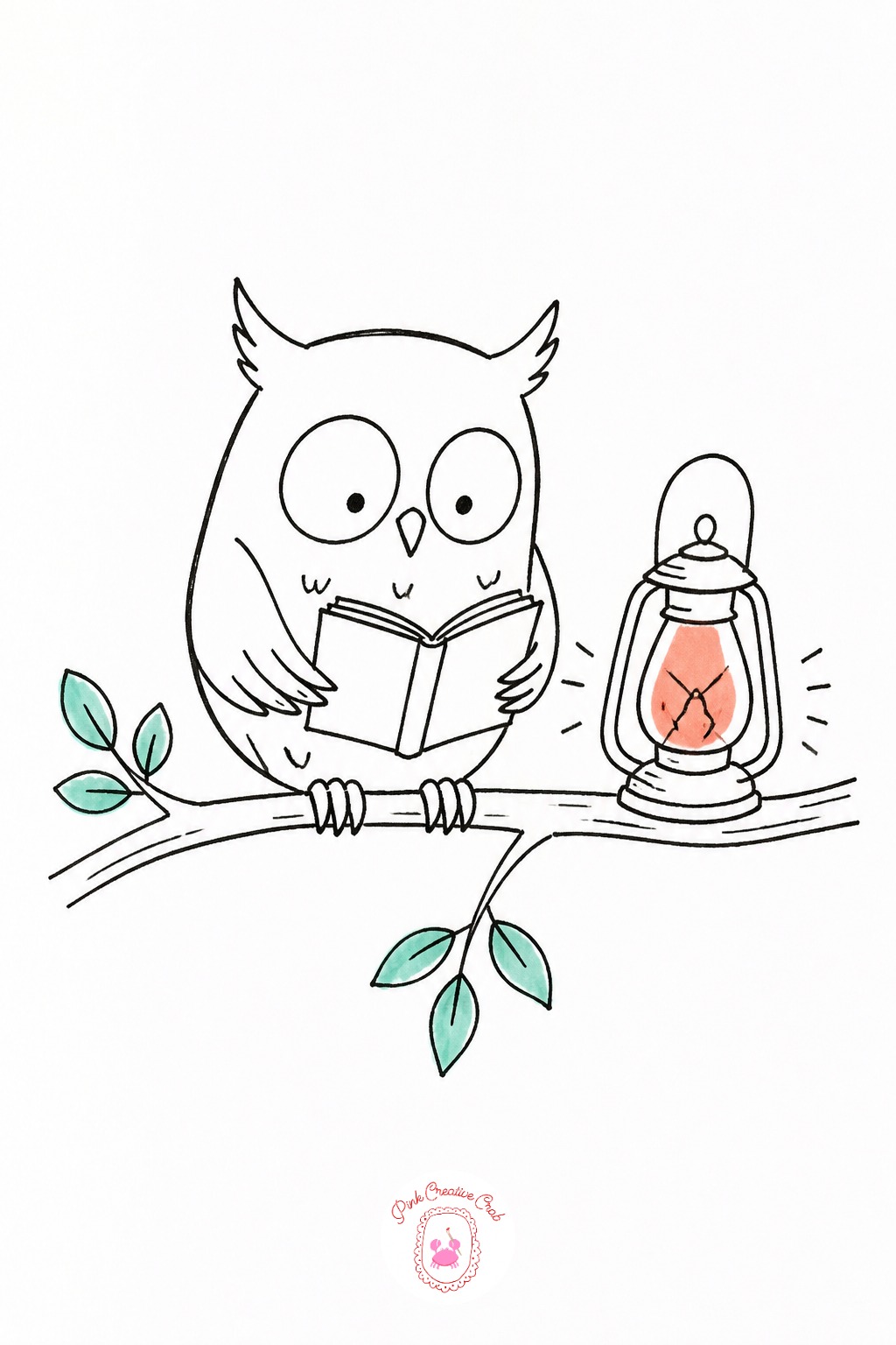 Owl Reading by Lantern Light — Picture the eye level low, as if looking up at the owl from the forest floor, which makes the branch the owl sits on curve