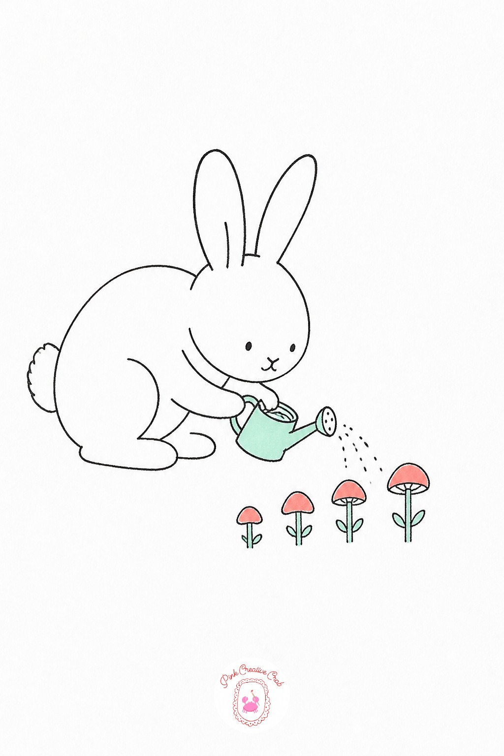 Rabbit Watering Tiny Mushrooms — Start with the row of mushrooms along the bottom of the page, three or four different heights, before drawing the rabbit at