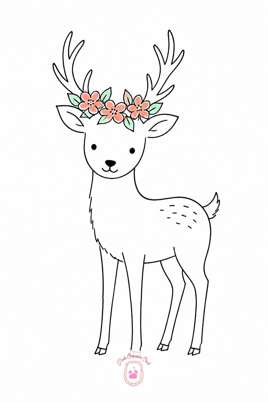 Deer Wearing a Flower Crown — Measure the antlers as roughly the same height as the deer's head and neck combined, since antlers drawn too small disappear and