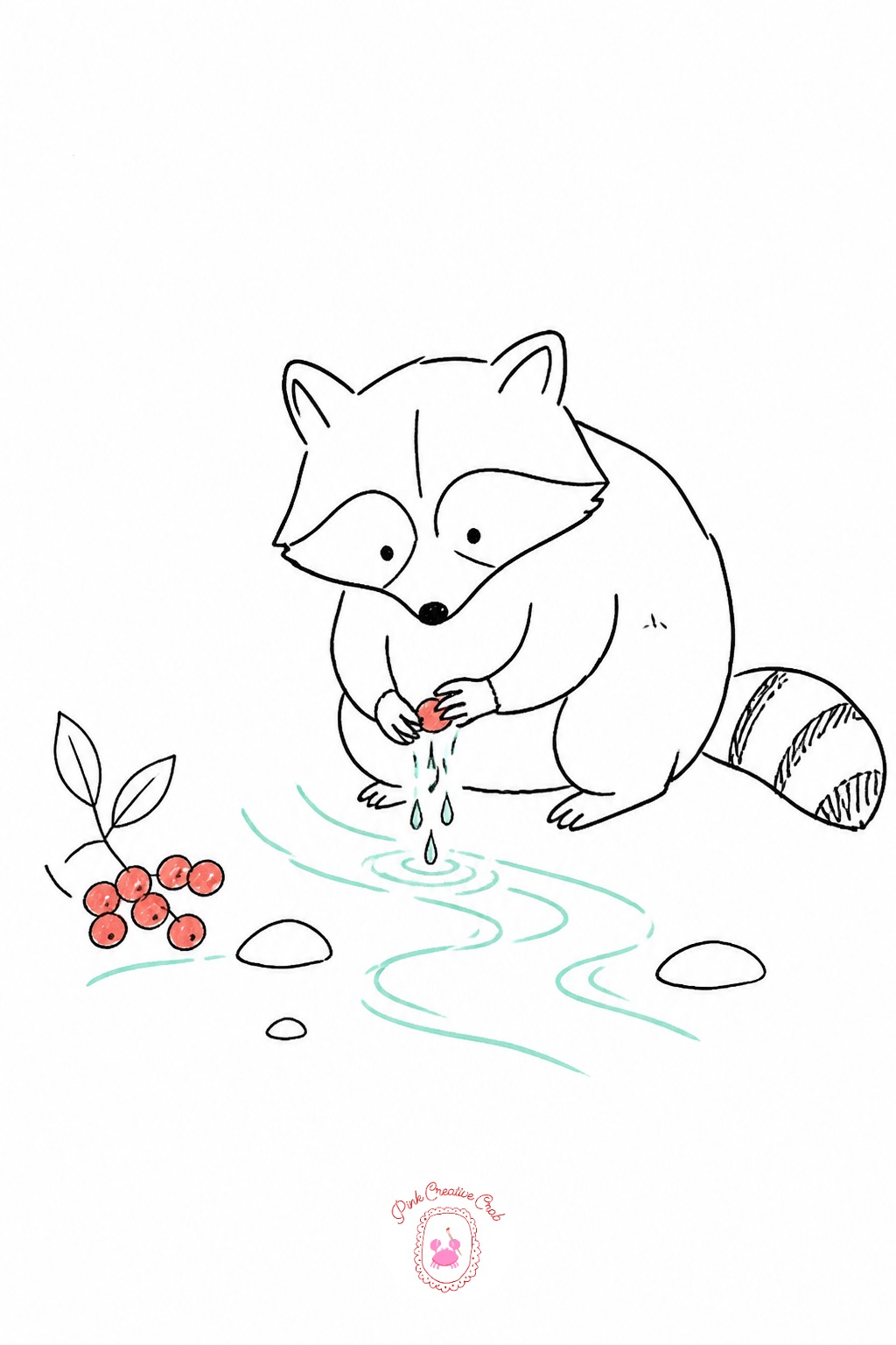 Raccoon Washing Berries in a Stream — Keep the stream as two or three wavy parallel lines running across the lower third of the page, drawn before the raccoon