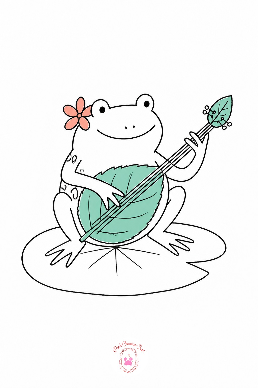 Frog Playing a Leaf Like a Banjo — Build the frog's body as two stacked ovals, a larger one for the lower body and a smaller one for the head, which is the